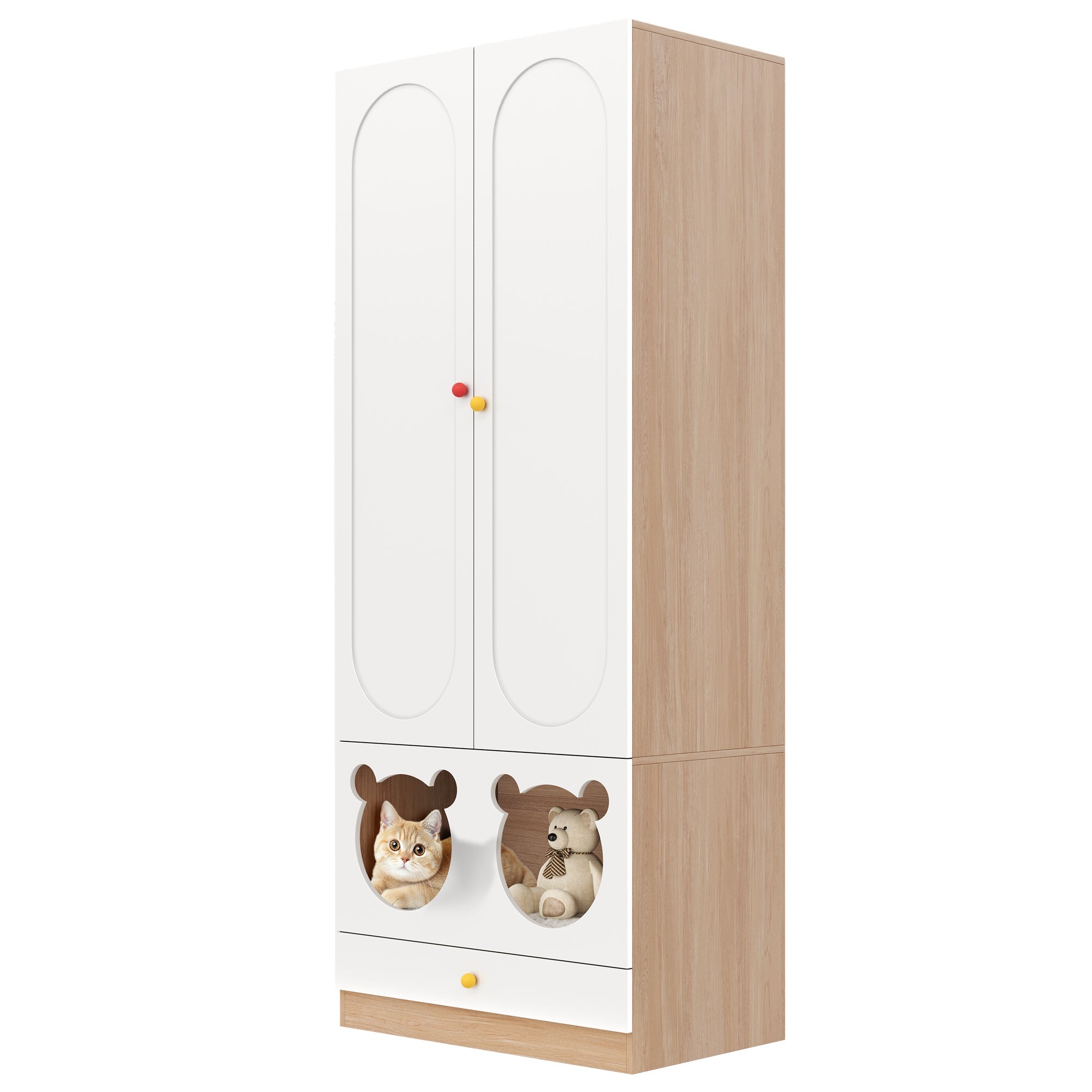 Logidon kinderkledingkast wit naturel hout met kattenmand 80x50x200cm