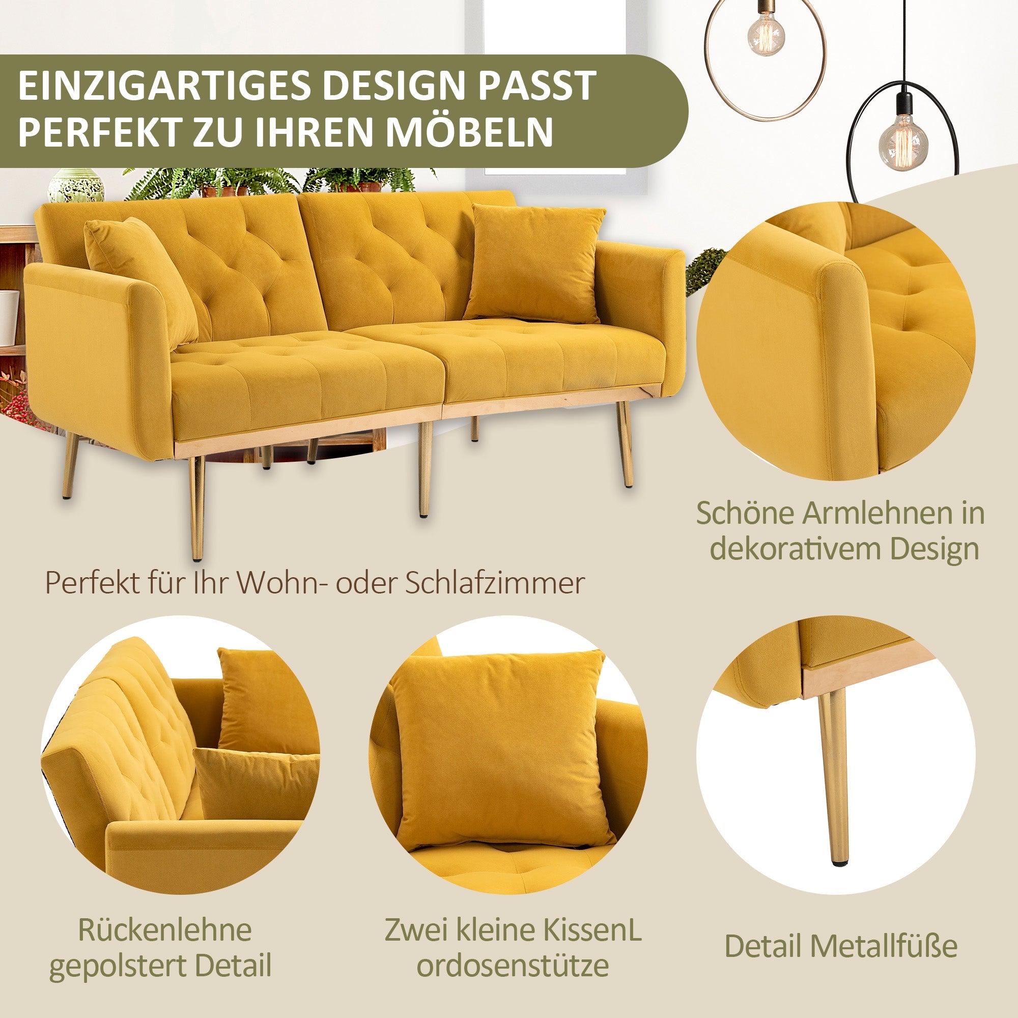 Logidon Luxe 3-zits designbank mosterdgeel fluweel slaapbank 3 posities
