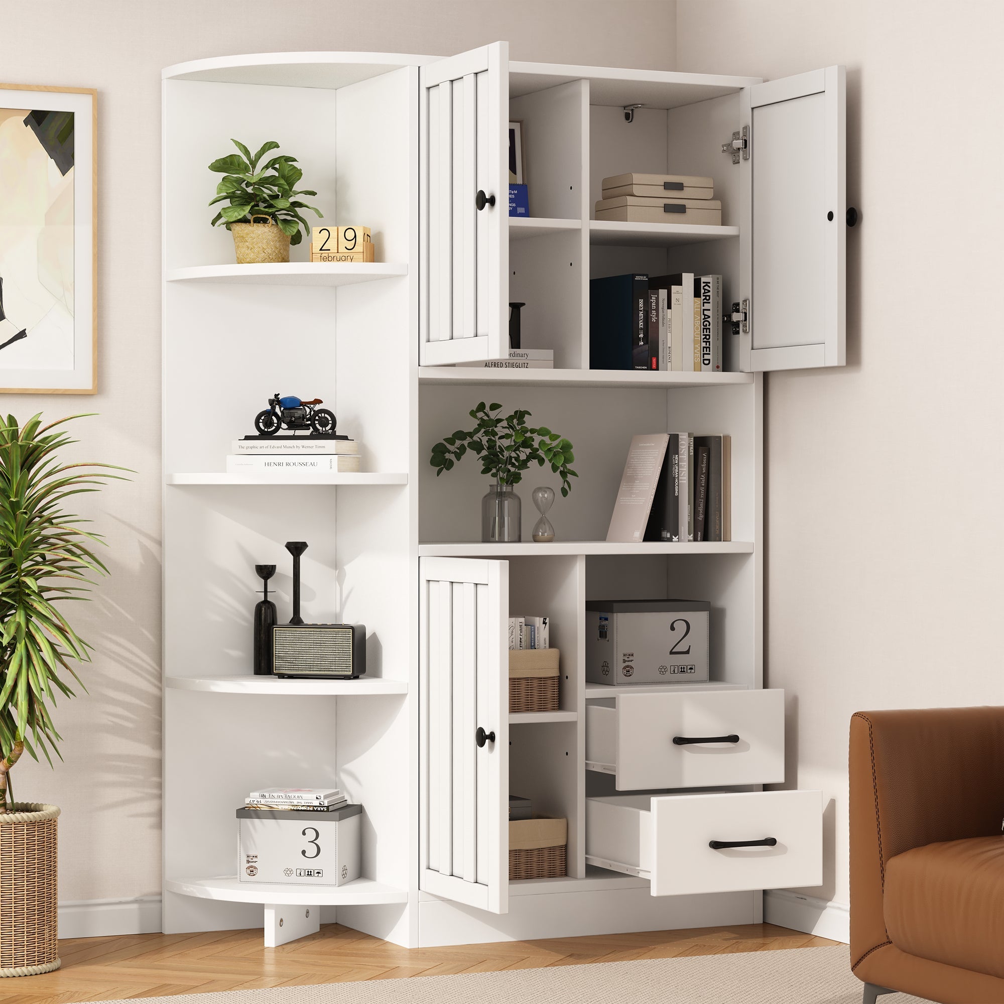 Logidon corner cabinet white 104x35x155 cm display cabinet 3 doors 2 drawers