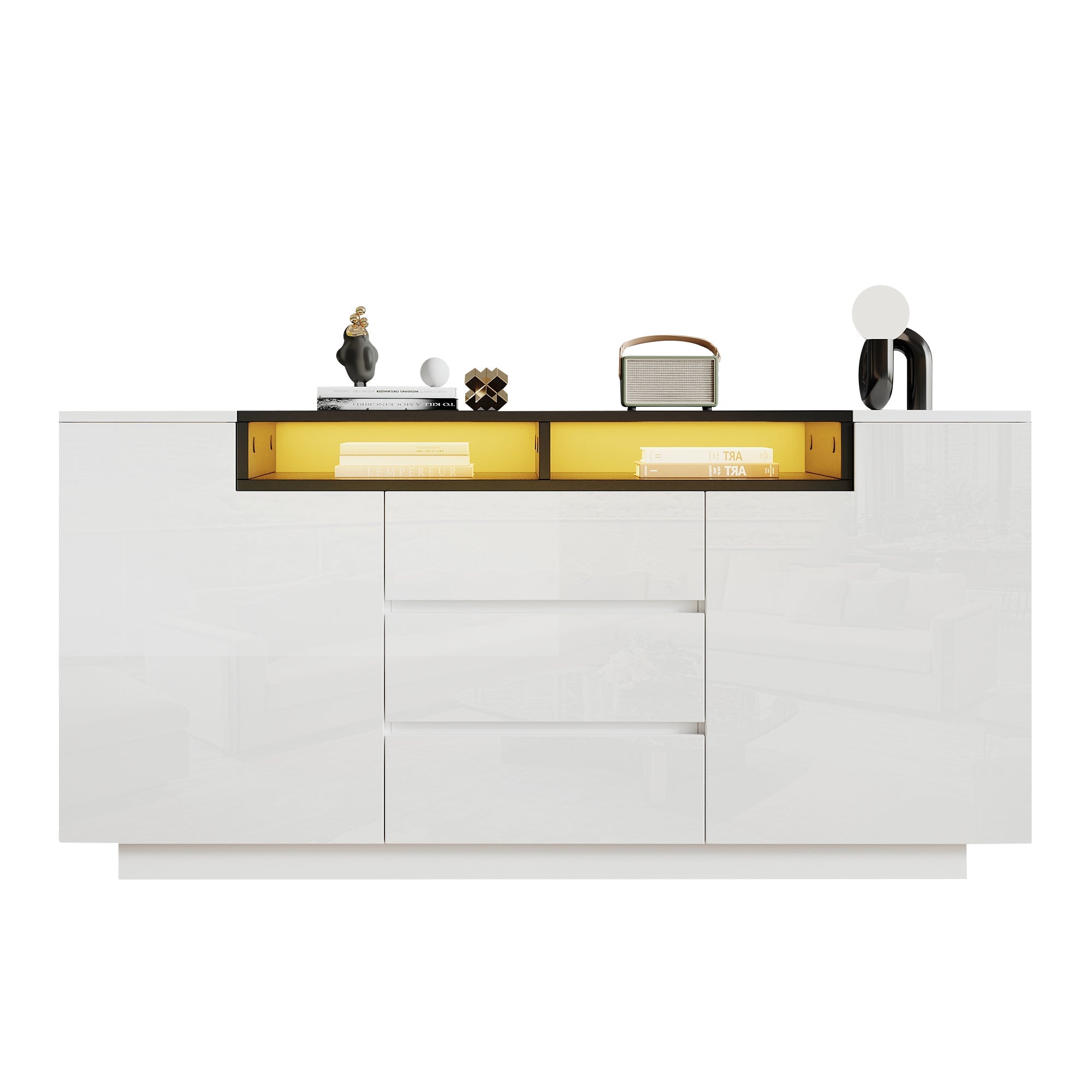 Logidon wit hoogglans dressoir 140 cm met LED, 2 deuren, 3 lades