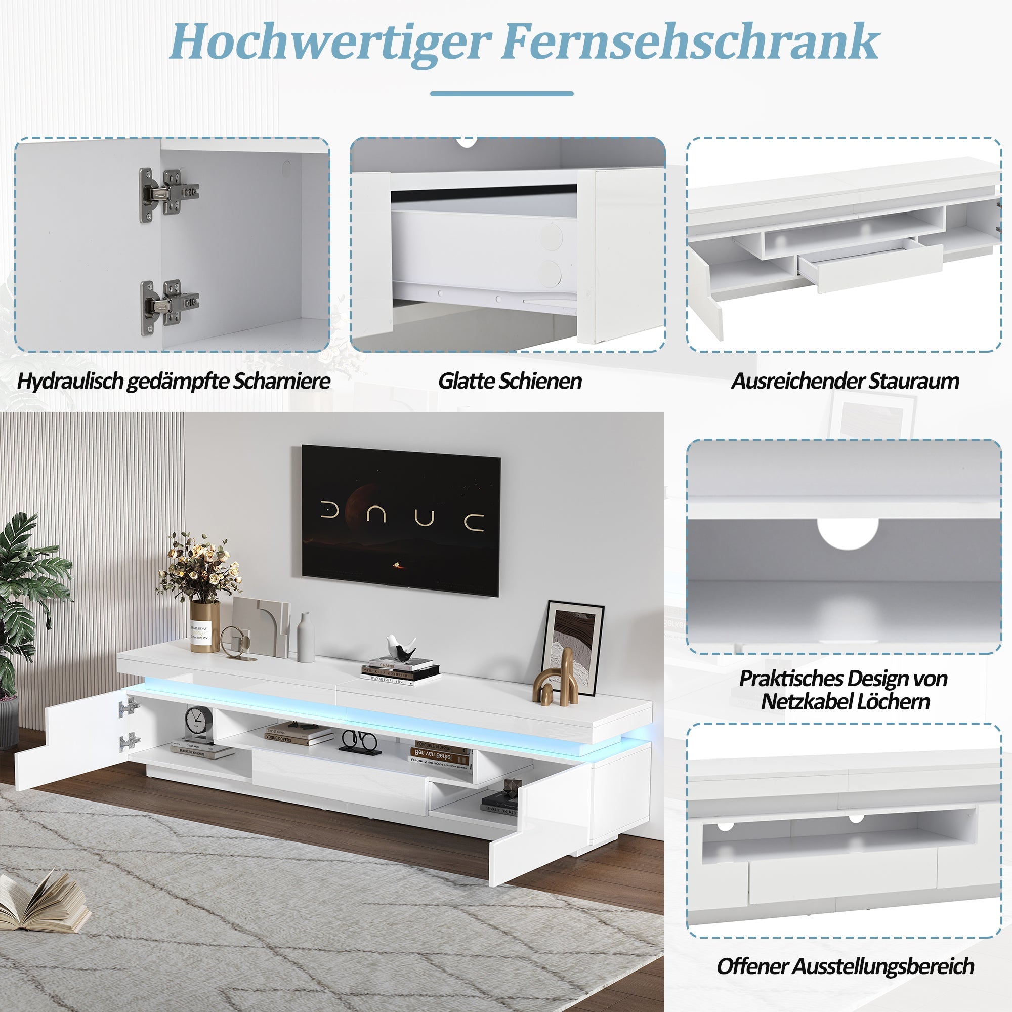 Logidon wit hoogglans LED lowboard 175x38x45 cm met 2 kasten