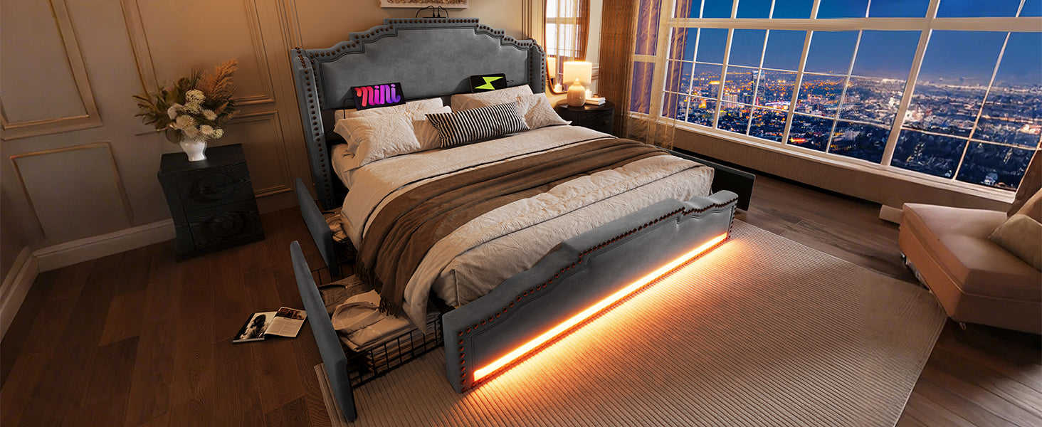 Logidon gestoffeerd bed 140x200 grijs fluweel met 4 lades en USB C