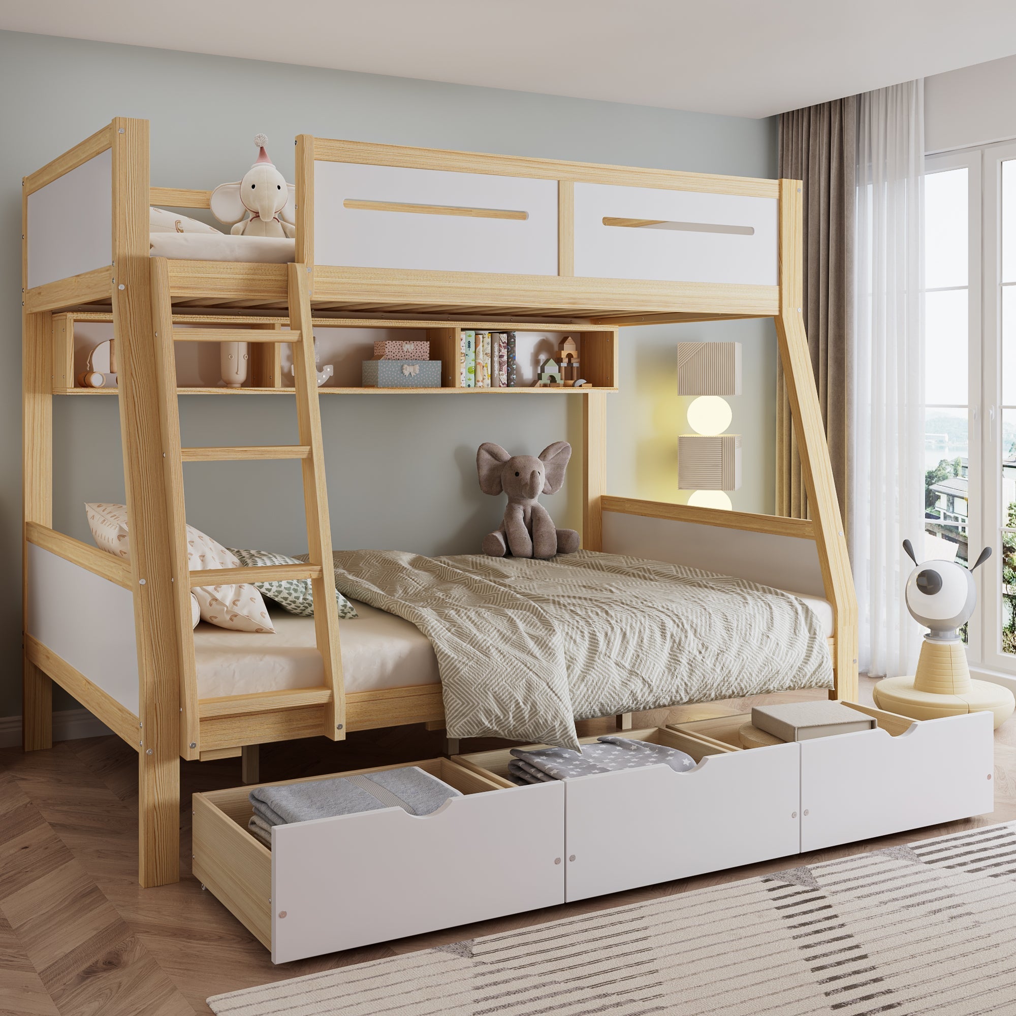 Logidon stapelbed met drie lades wit naturel 90x200 120x200