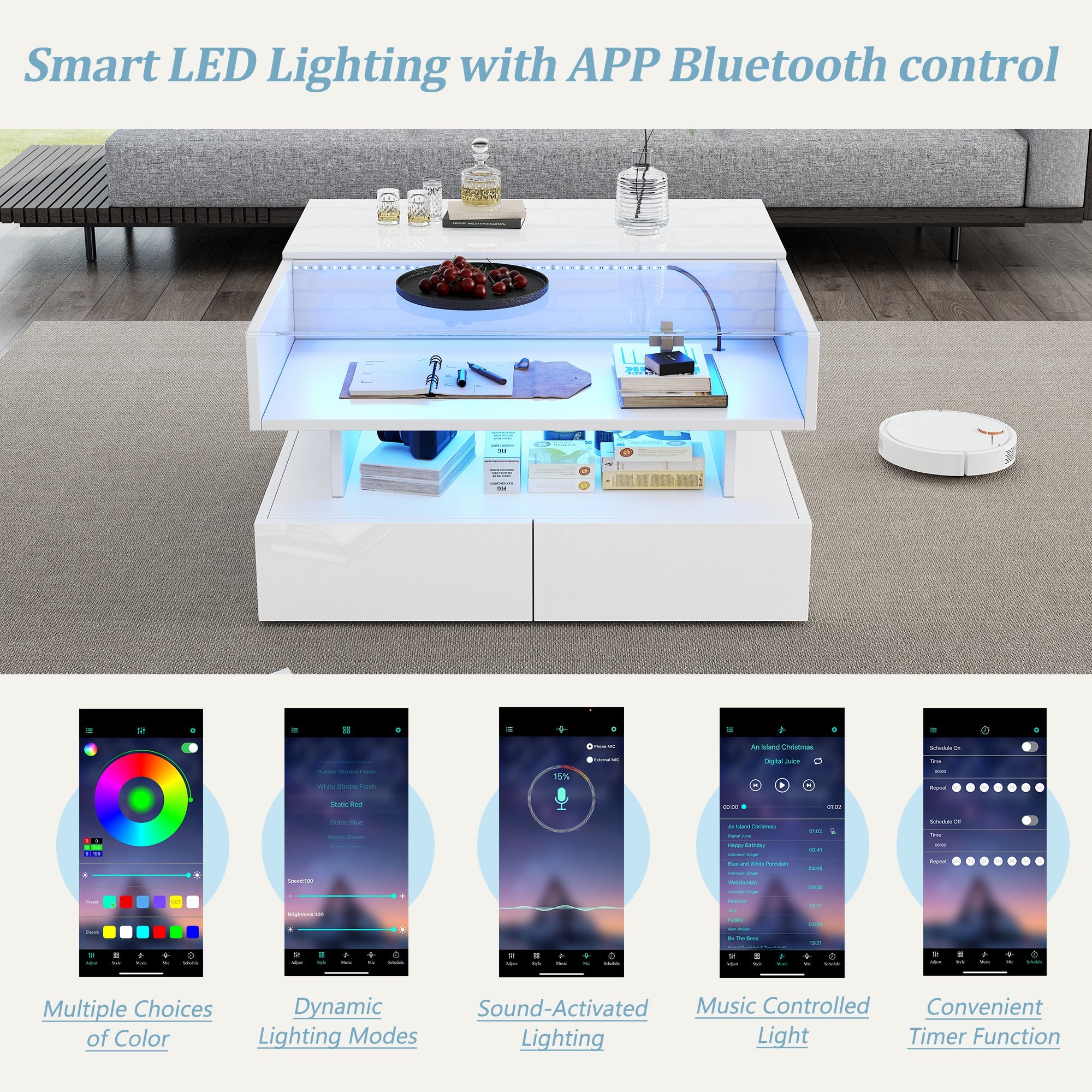 Logidon In hoogte verstelbare salontafel 80x80 cm witte LED opbergruimte