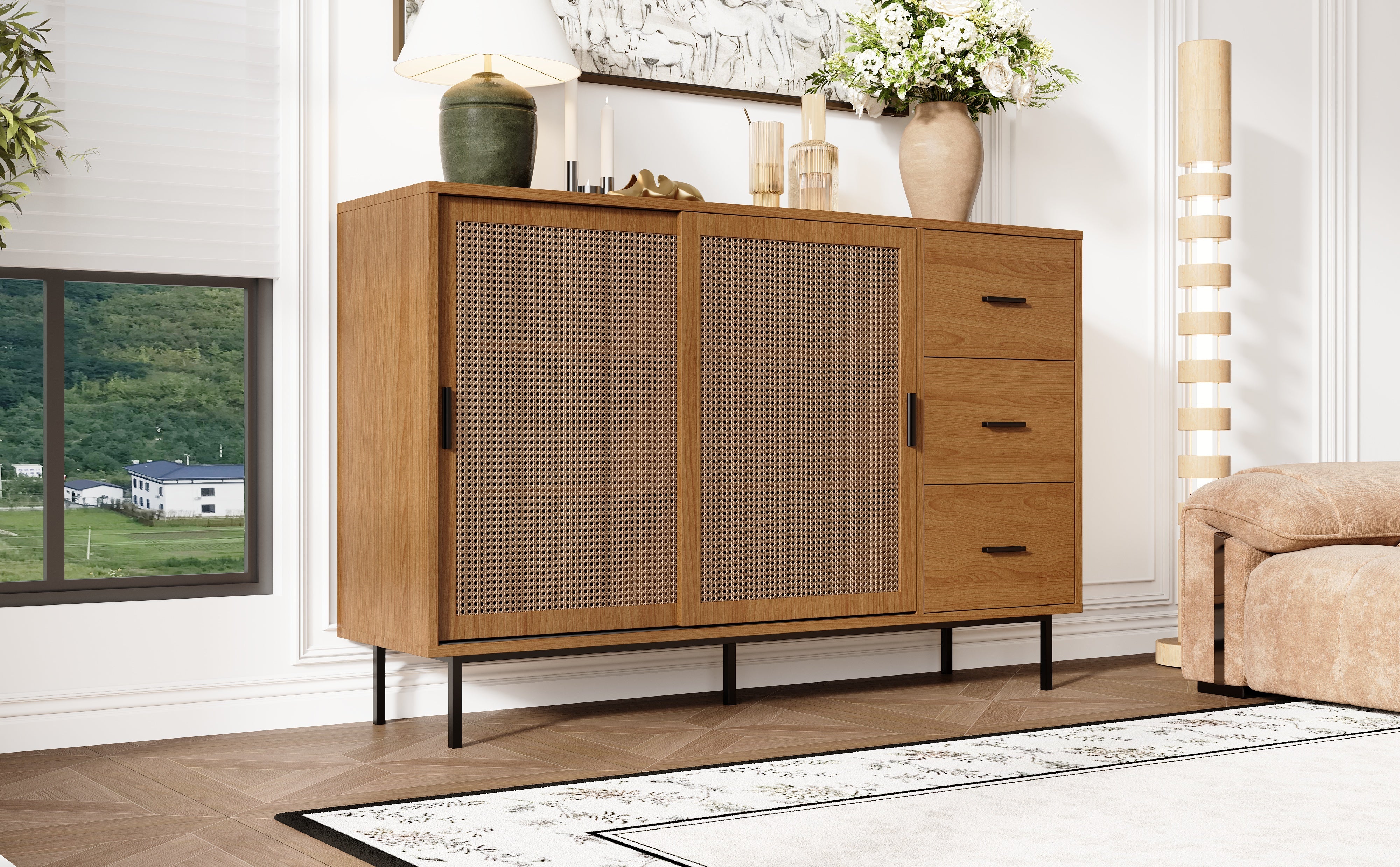 Logidon dressoir naturel 140x37x91cm met 2 schuifdeuren en 3 lades
