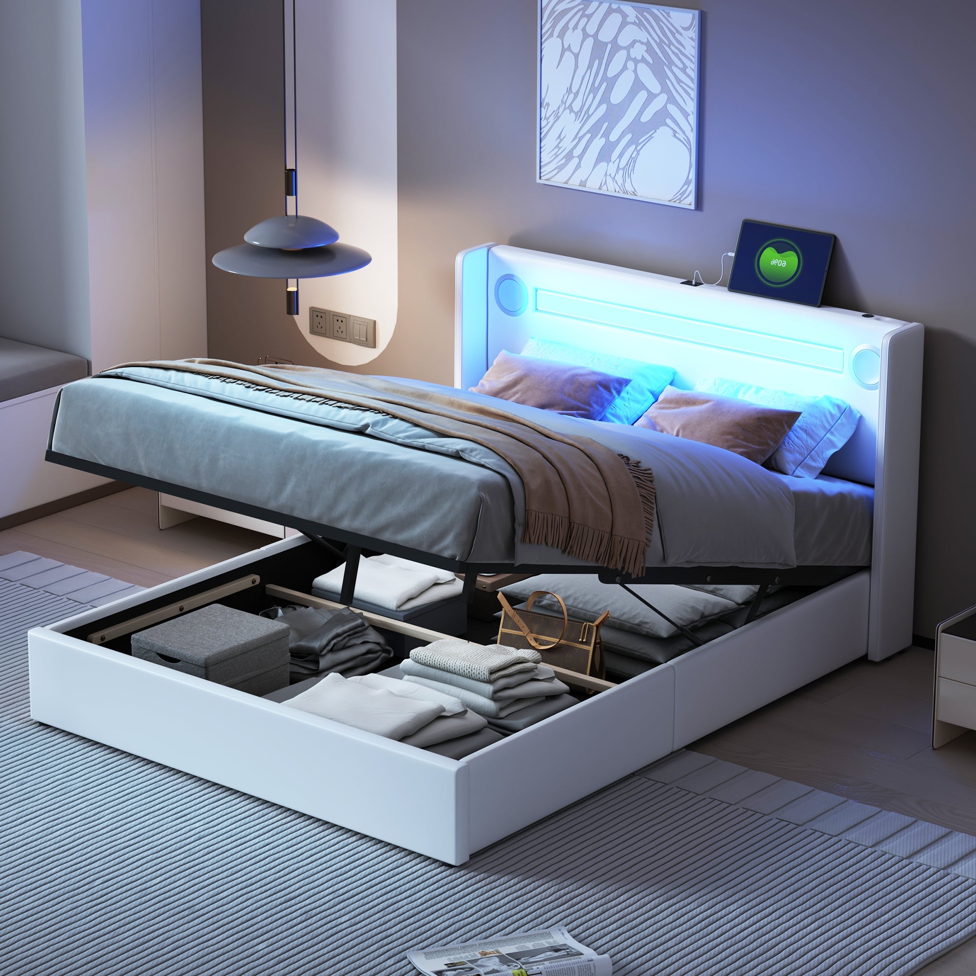 Logidon gestoffeerd bed 140x200 wit LED-licht USB Bluetooth opbergruimte