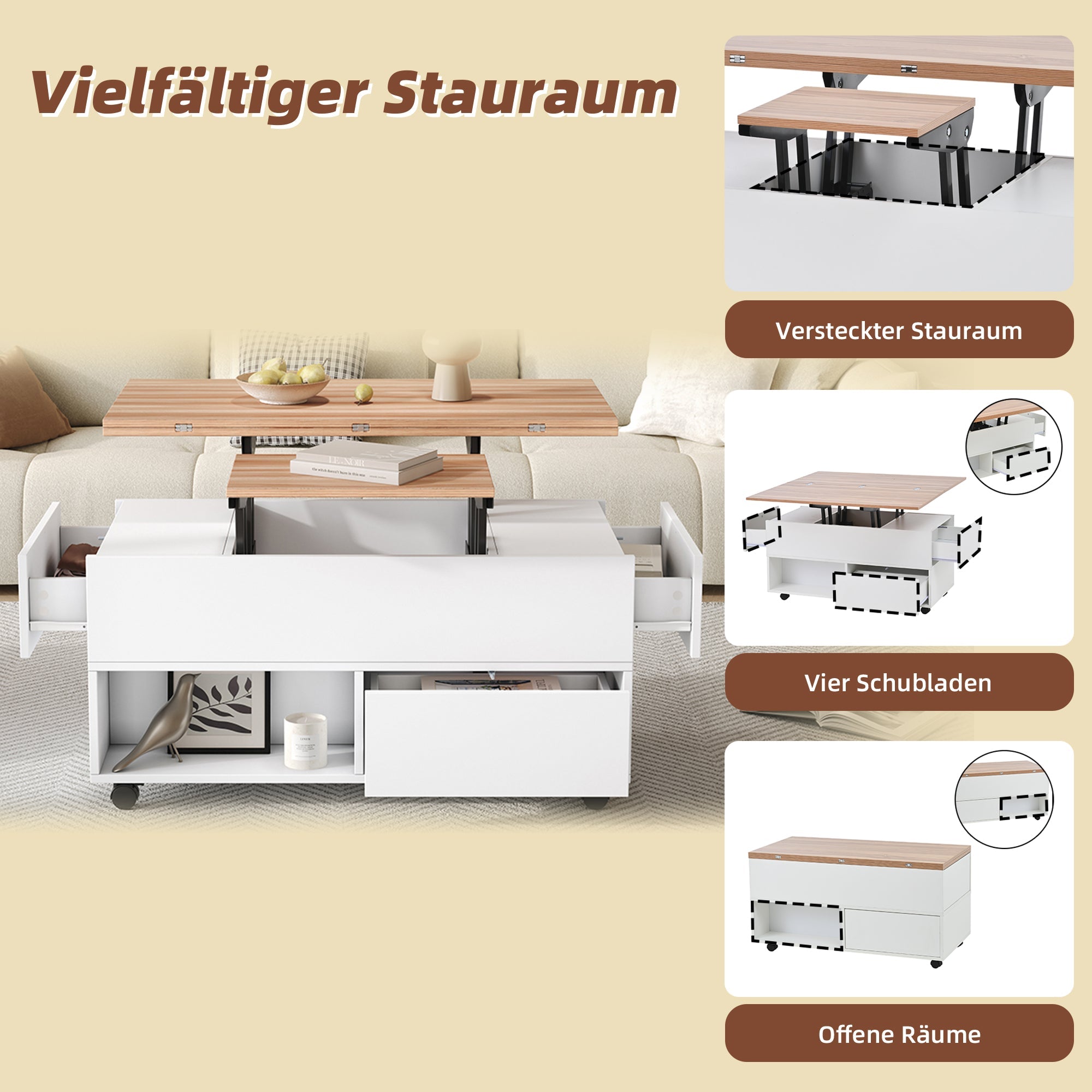 Logidon salontafel Lift Top 100x50 wit houtlook met 4 lades