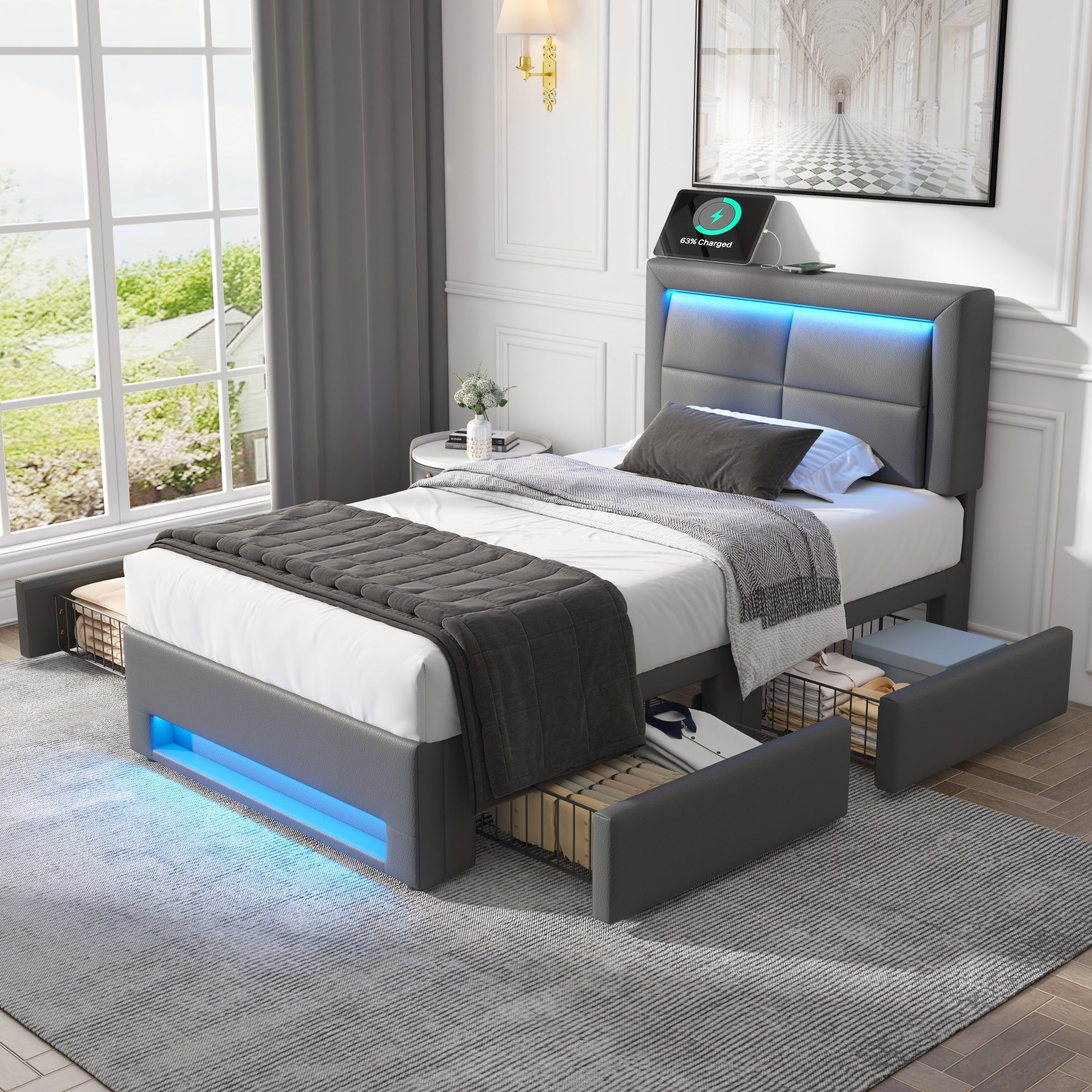Logidon upholstered bed 90x200 cm with USB and LED lighting 4 drawers