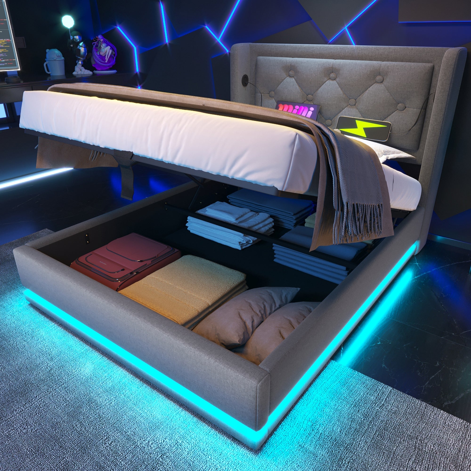 Logidon gestoffeerd bed 90x200 cm grijs met opbergruimte USB C oplaadfunctie LED