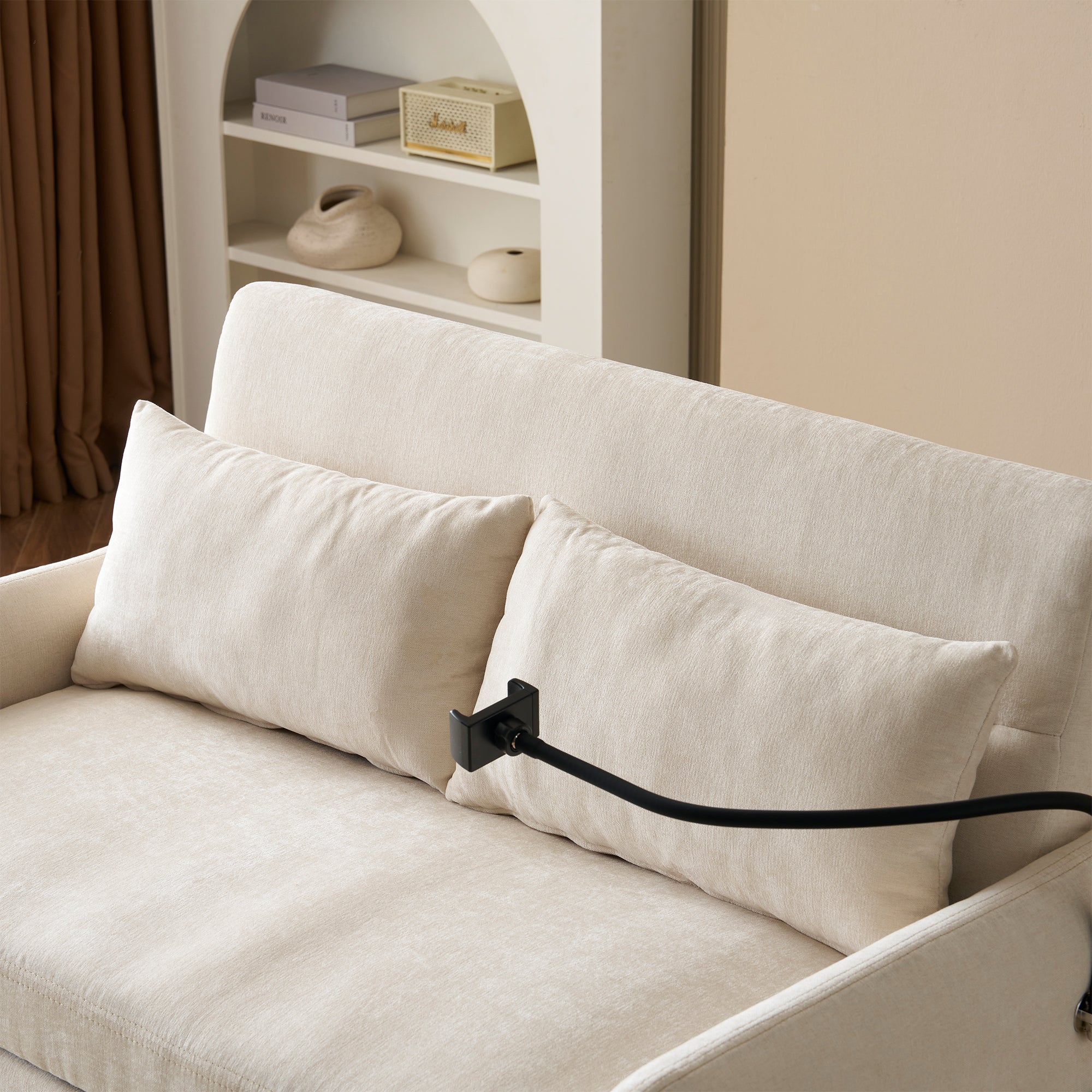 Logidon Modern Double Folding Sofa Beige Chenille With Sleep Function