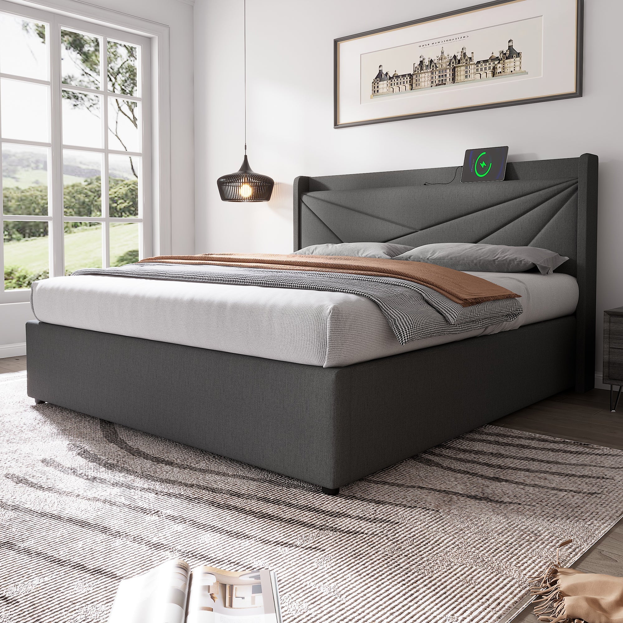 Logidon gestoffeerd bed opbergruimte USB Type C oplaadfunctie 160x200 grijs