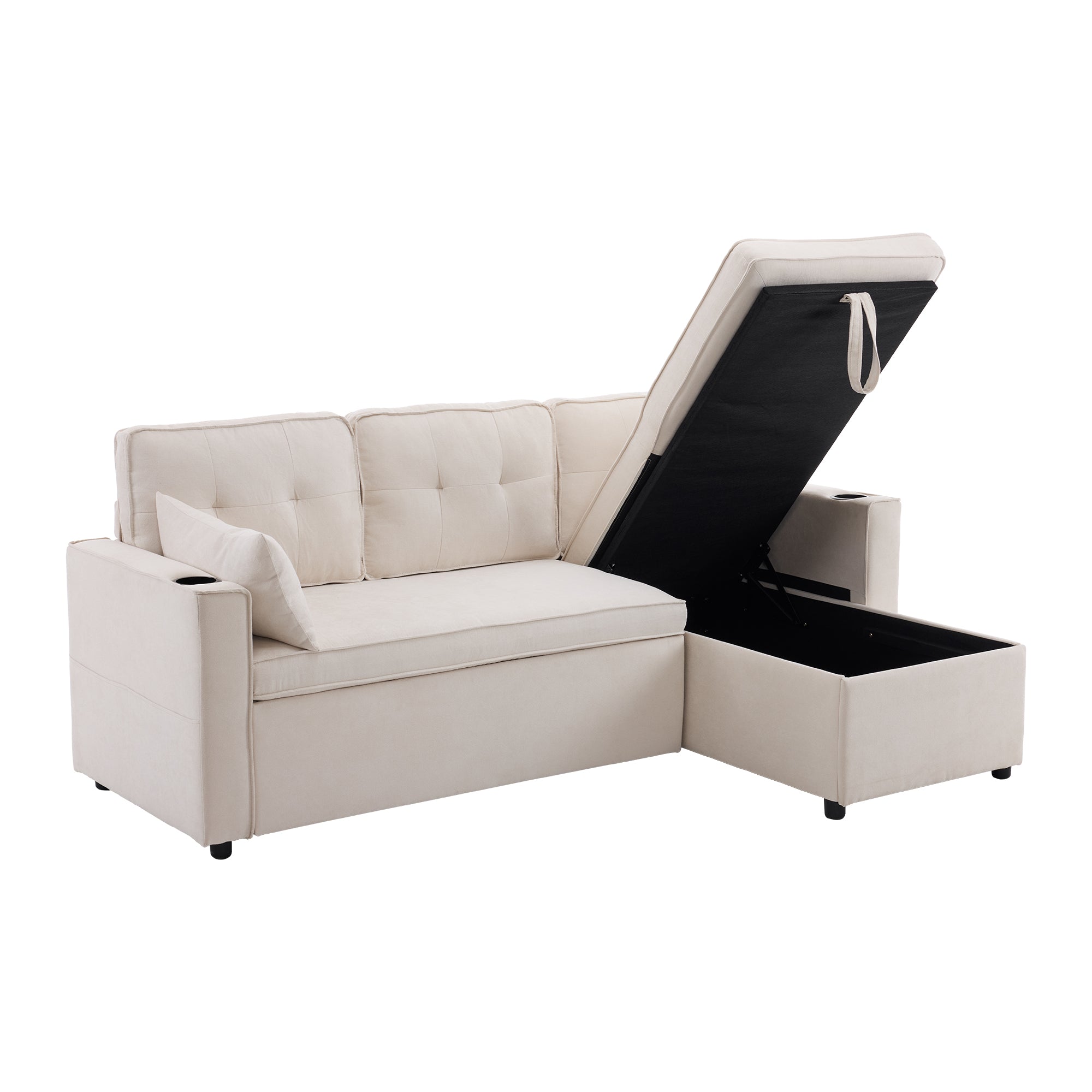 Logidon slaapbank L-vorm beige stof met opbergruimte en bekerhouder