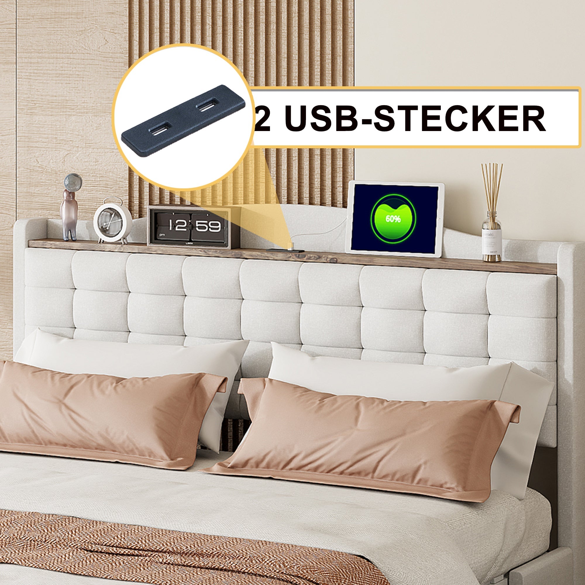Logidon gestoffeerd bed 160x200 cm beige linnen stof USB-oplaadpoort
