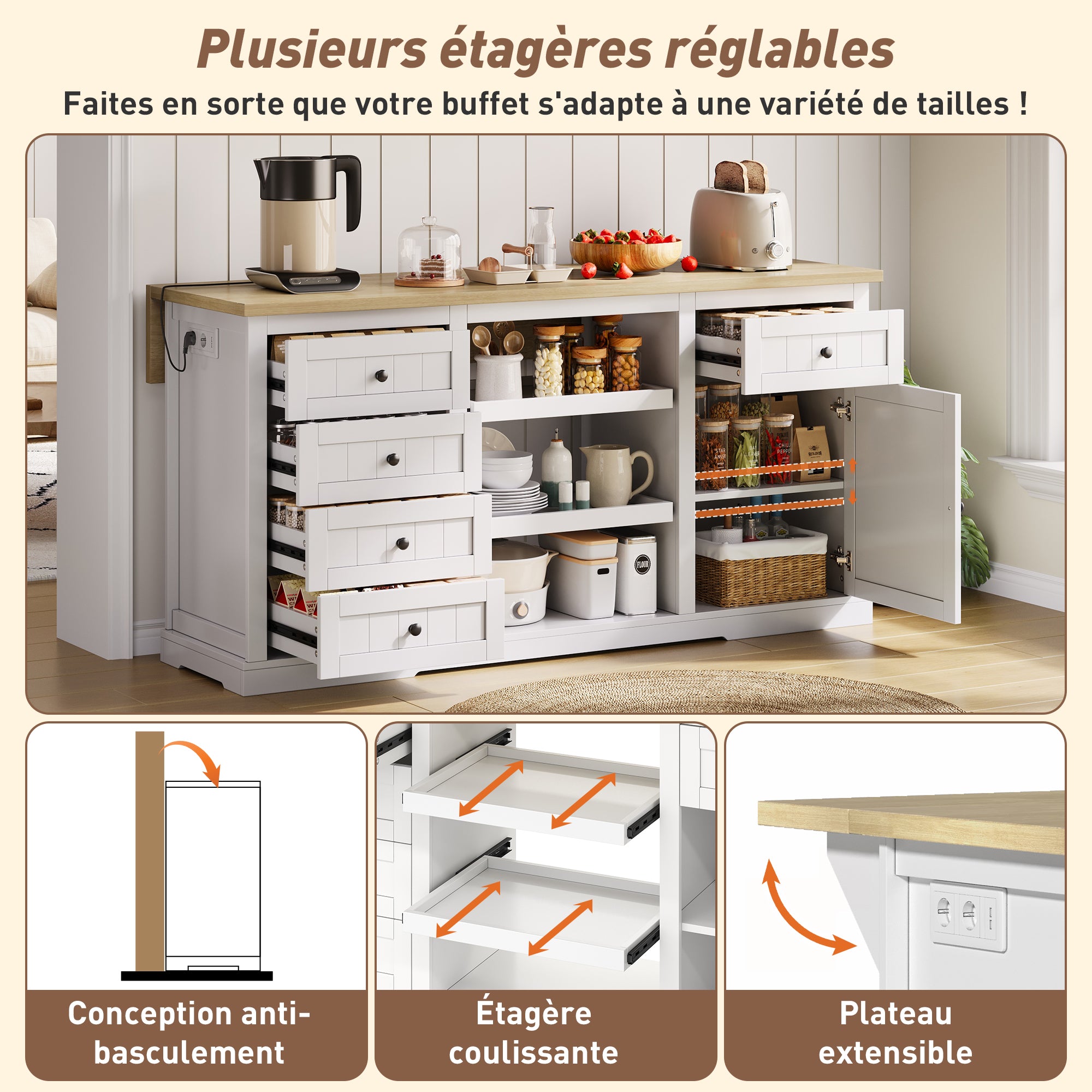 Logidon dressoir keukeneiland wit houten blad 5 laden 150x65x75 cm
