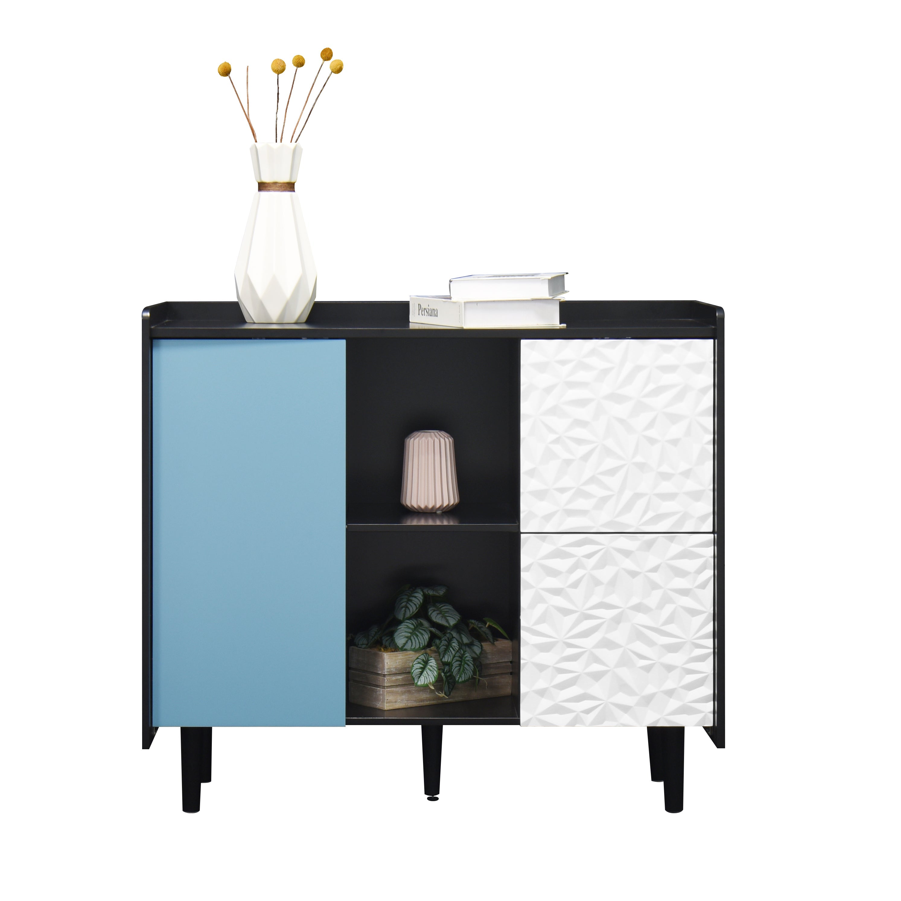 Logidon Dressoir Buffetkast 90 cm Blauw Wit Geometrische Fronten