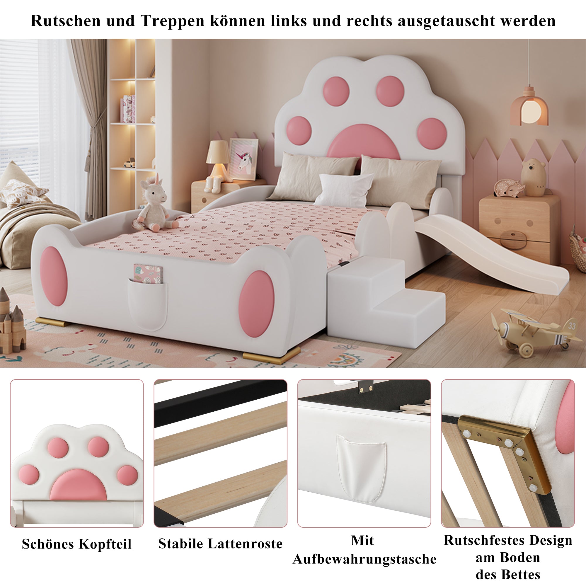 Logidon gestoffeerd bed 90x200 cm wit roze met kattenpoot hoofdeinde