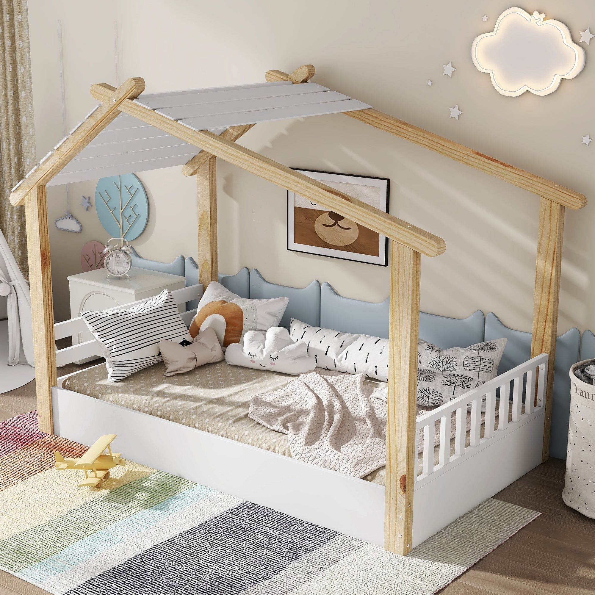Logidon children's bed 90x200 cm white natural - wooden house design slatted frame