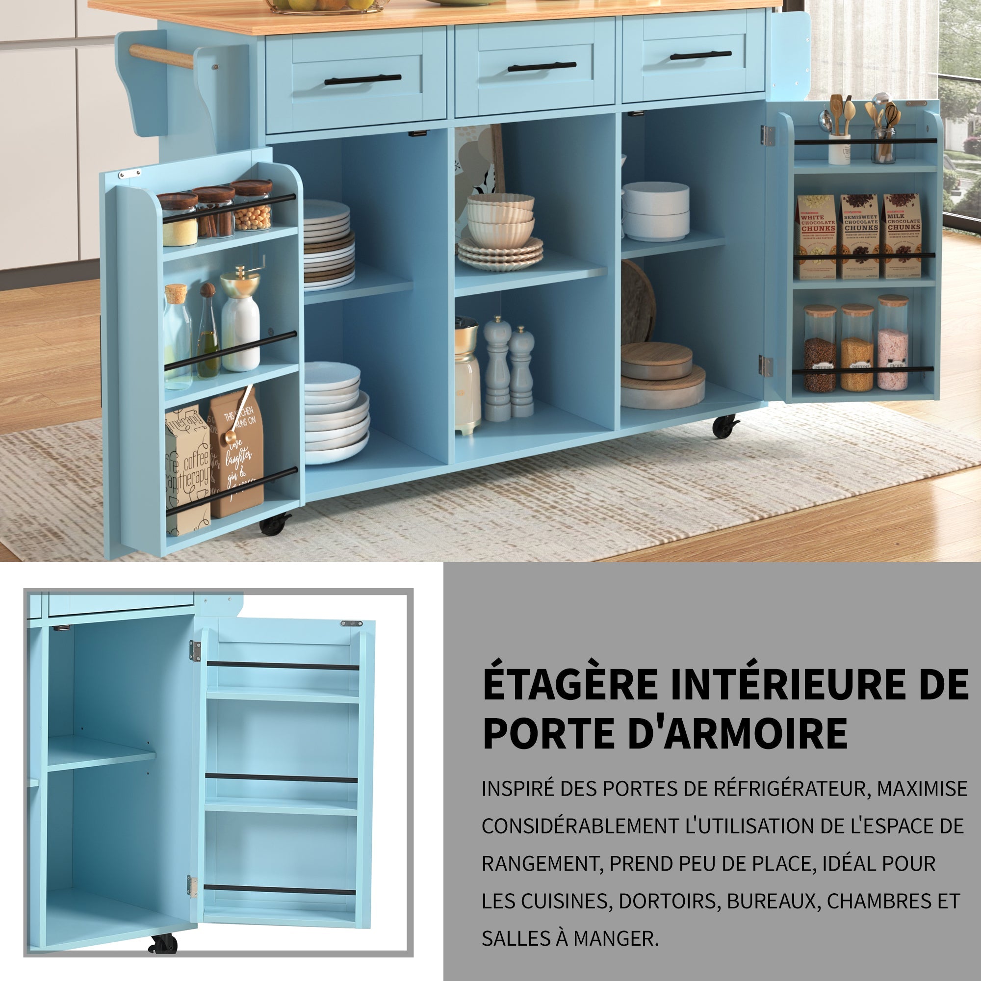 Logidon Eetwagen Blauw Massief Houten Werkblad Opvouwbaar 139x46x91,5 cm
