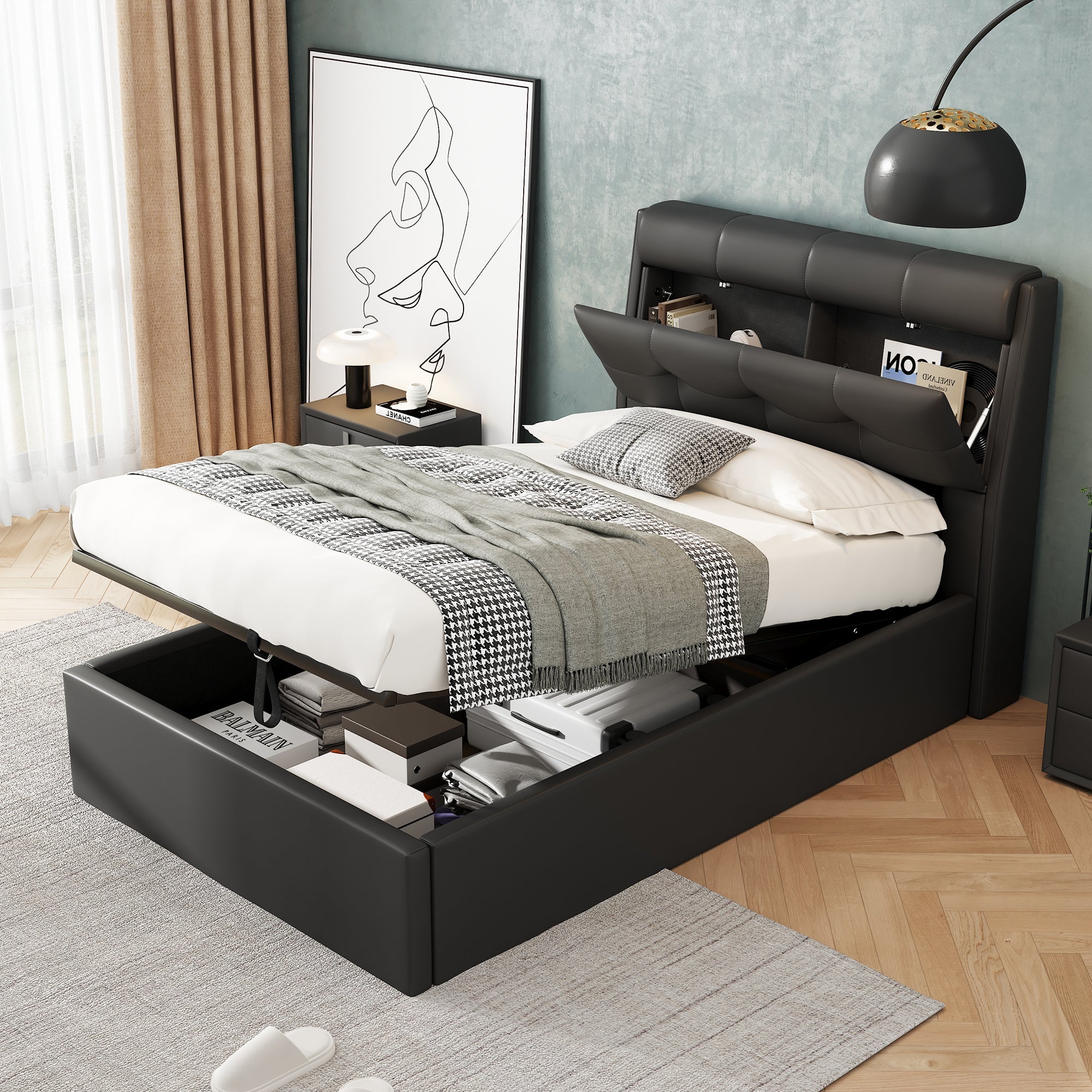 Logidon gestoffeerd bed 90x200 zwart hydraulisch met lattenbodem