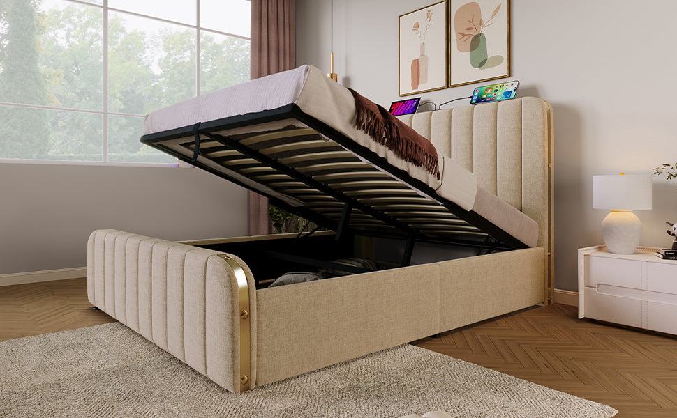 Logidon gestoffeerd bed 140x200 cm beige linnen USB Type-C oplaadfunctie hoofdeinde