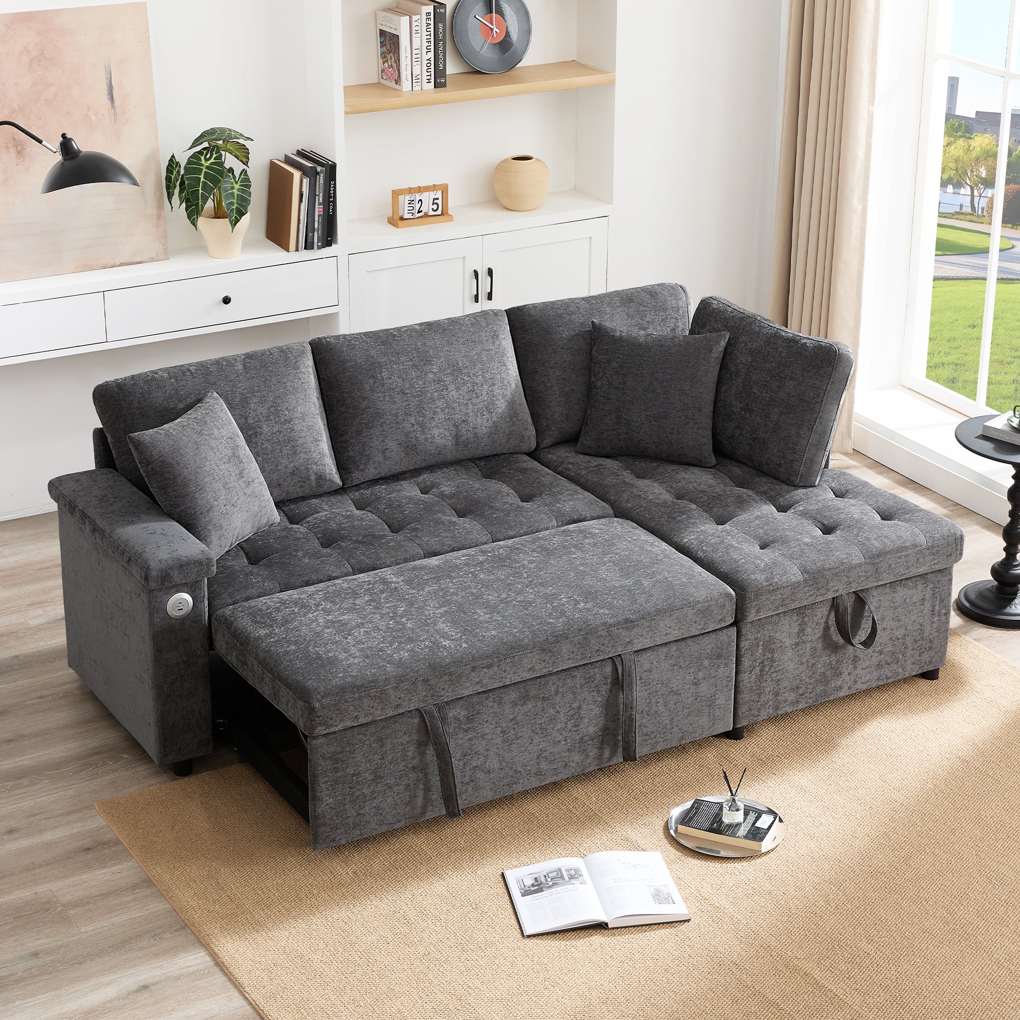 Logidon L-vorm slaapbank grijs fluweel chenille 209x130 cm opbergruimte