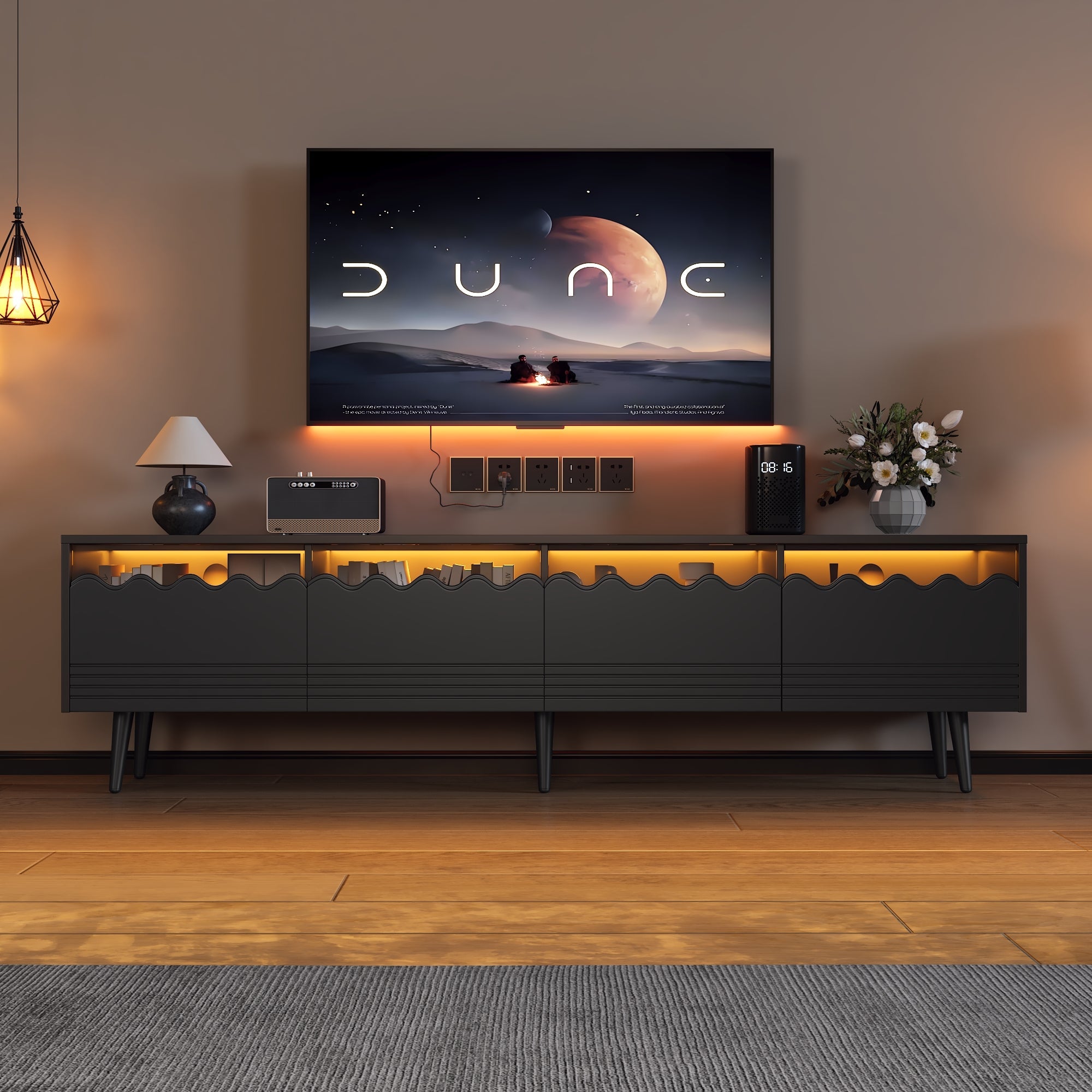 Logidon 176x38x45 cm zwart TV-lowboard met LED-verlichting