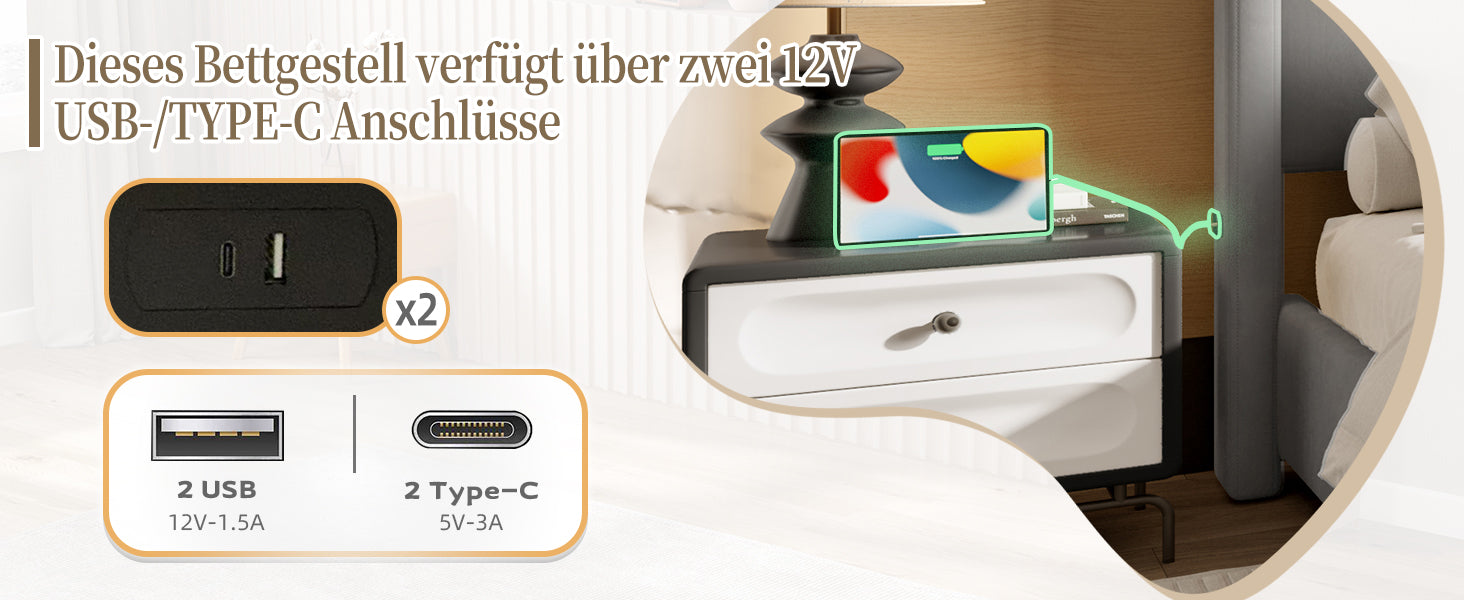 Logidon gestoffeerd bedframe 140x200 cm grijs met USB aansluiting