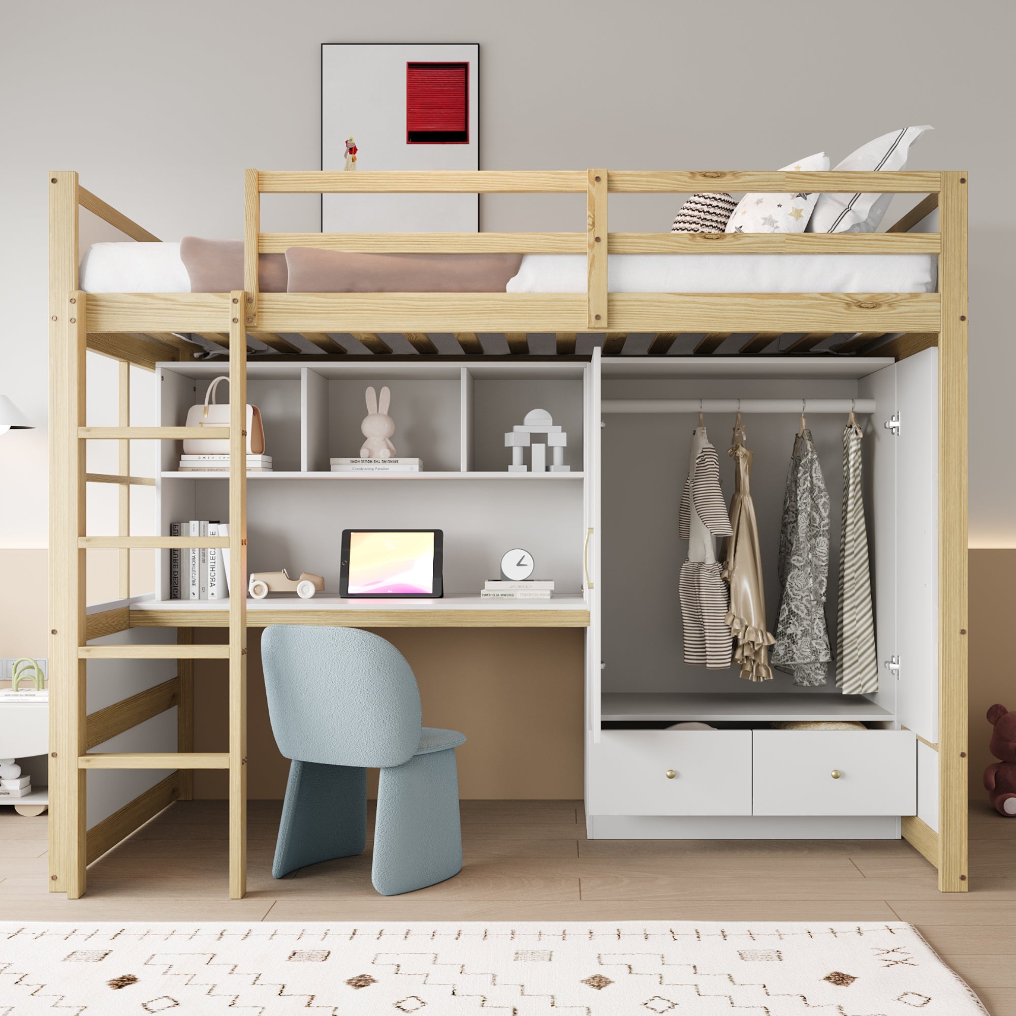 Logidon hoogslaper 90x200 cm met bureau en opbergruimte naturel hout