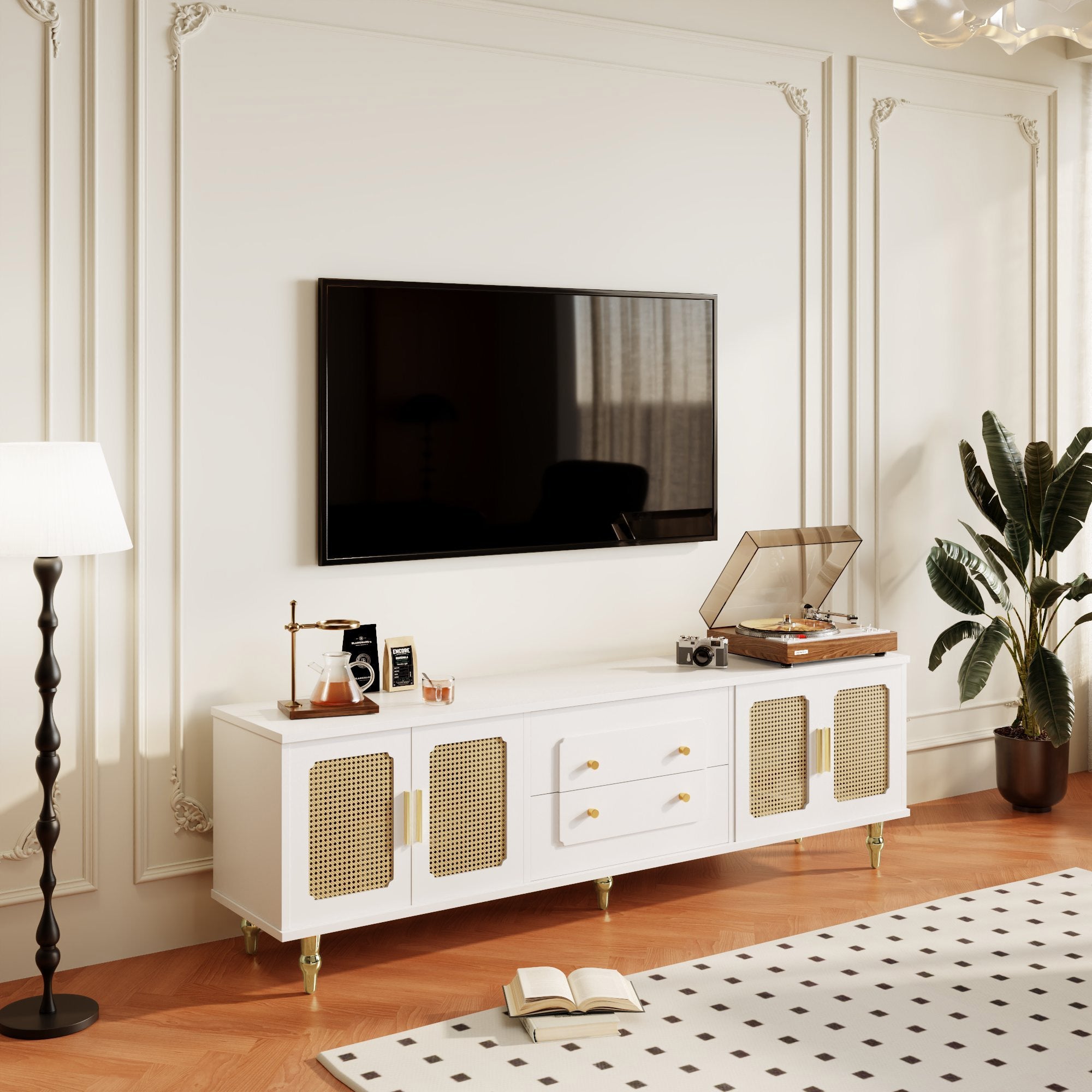 Logidon Lowboard White Retro Style TV Furniture with Golden Handles