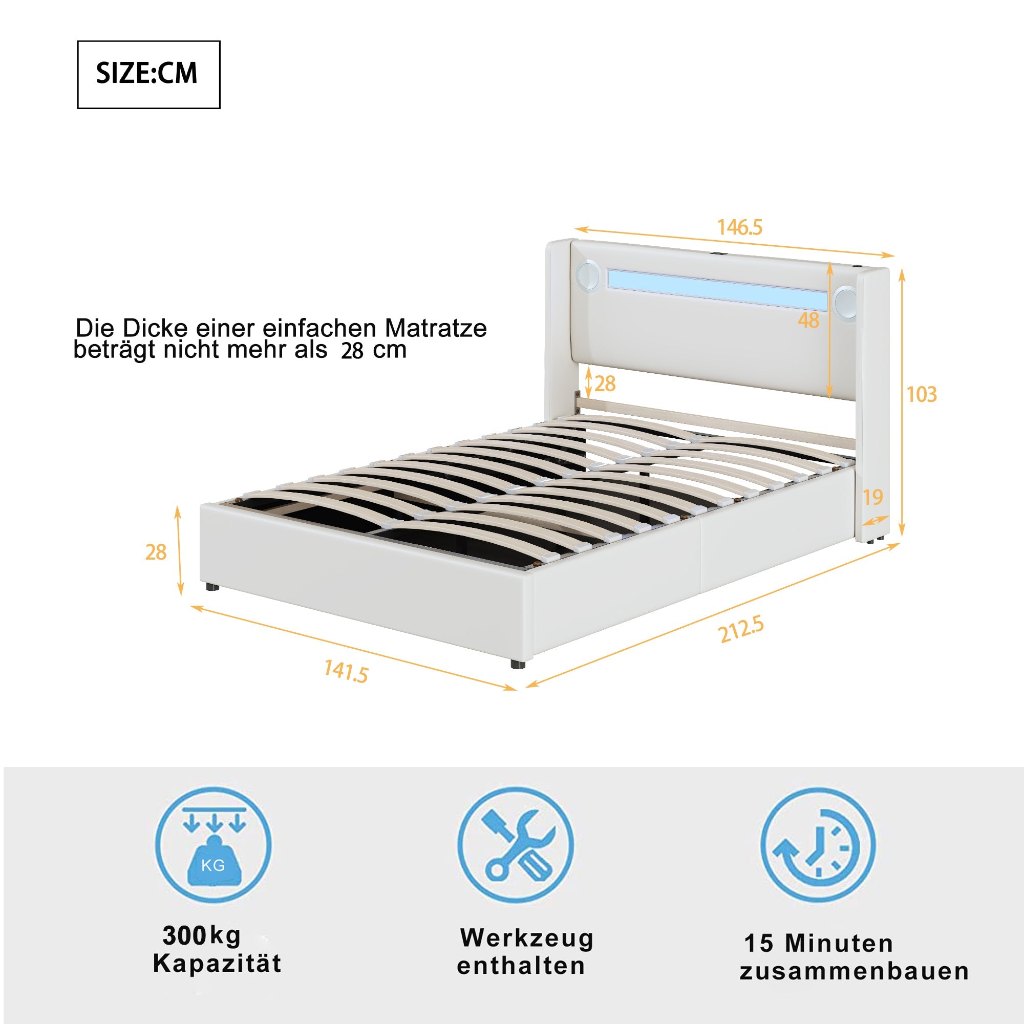 Logidon gestoffeerd bed 140x200 wit LED-licht USB Bluetooth opbergruimte