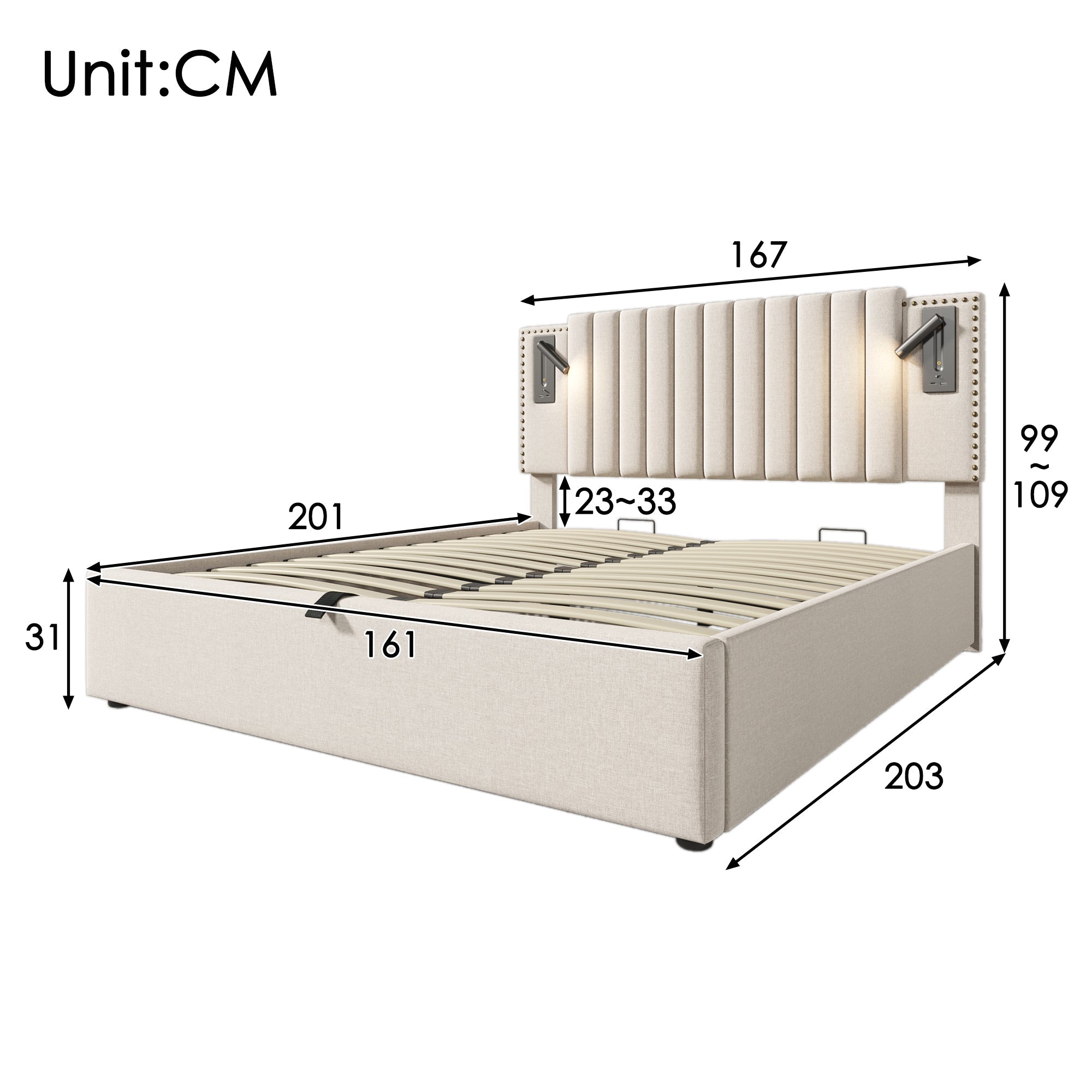 Logidon gestoffeerd bed 160x200 beige met opbergruimte en USB-leeslamp
