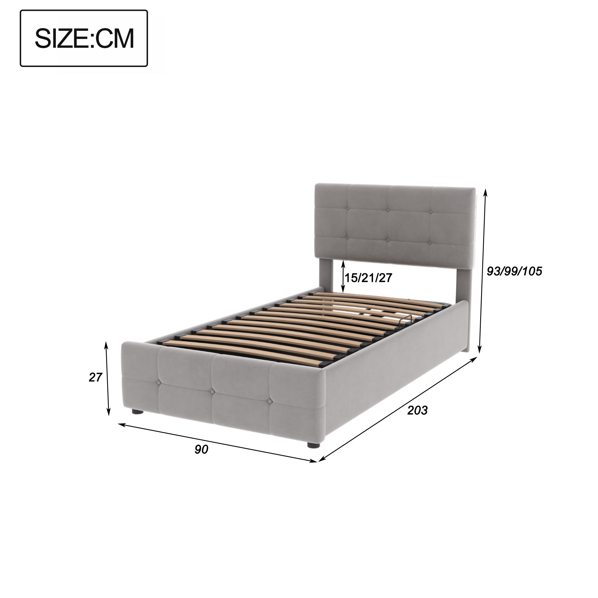 Logidon gestoffeerd bed 90x200 cm grijs fluweel met hydraulische opbergruimte