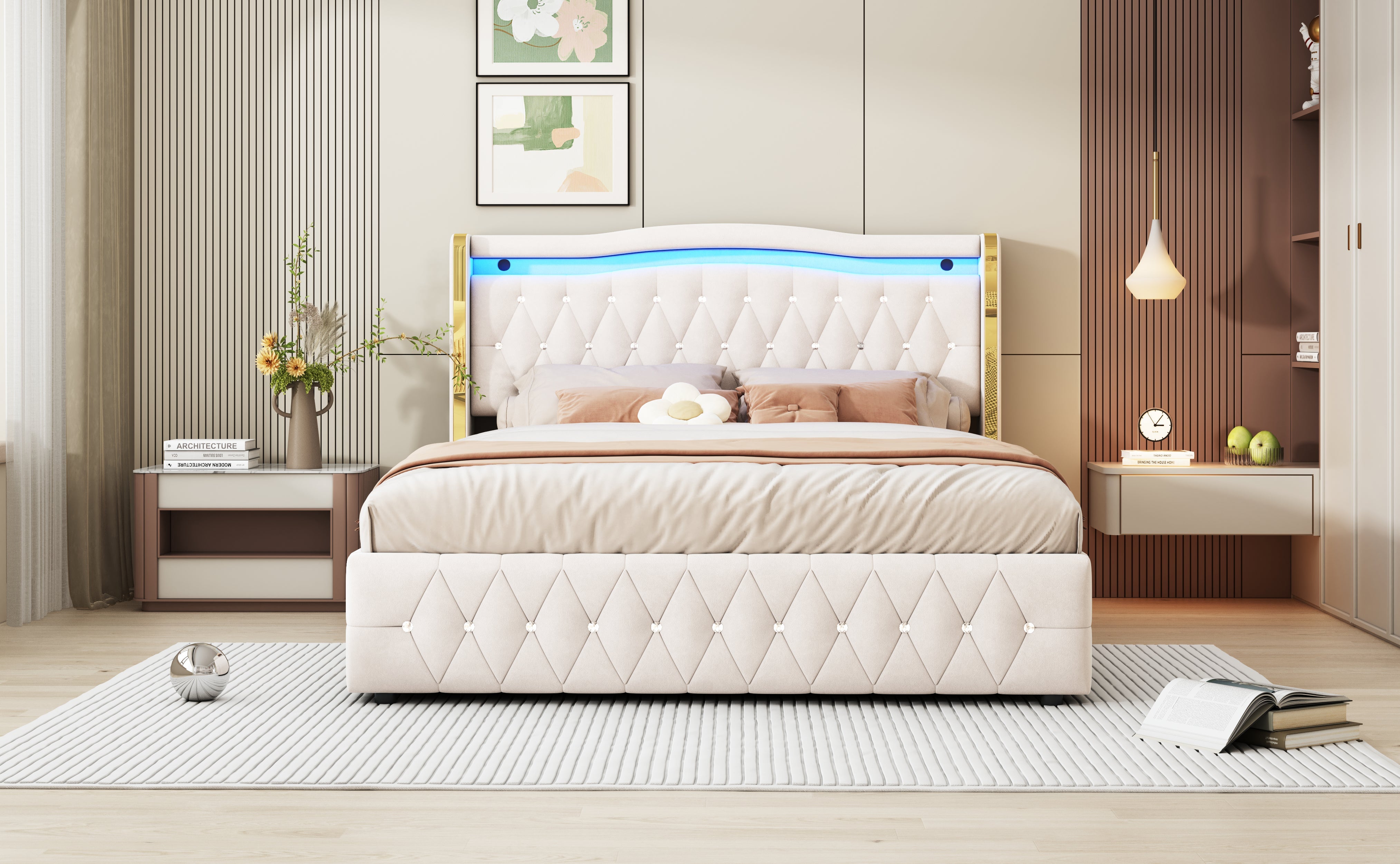 Logidon stoffen bed 160x200 beige fluweel LED-opbergruimte