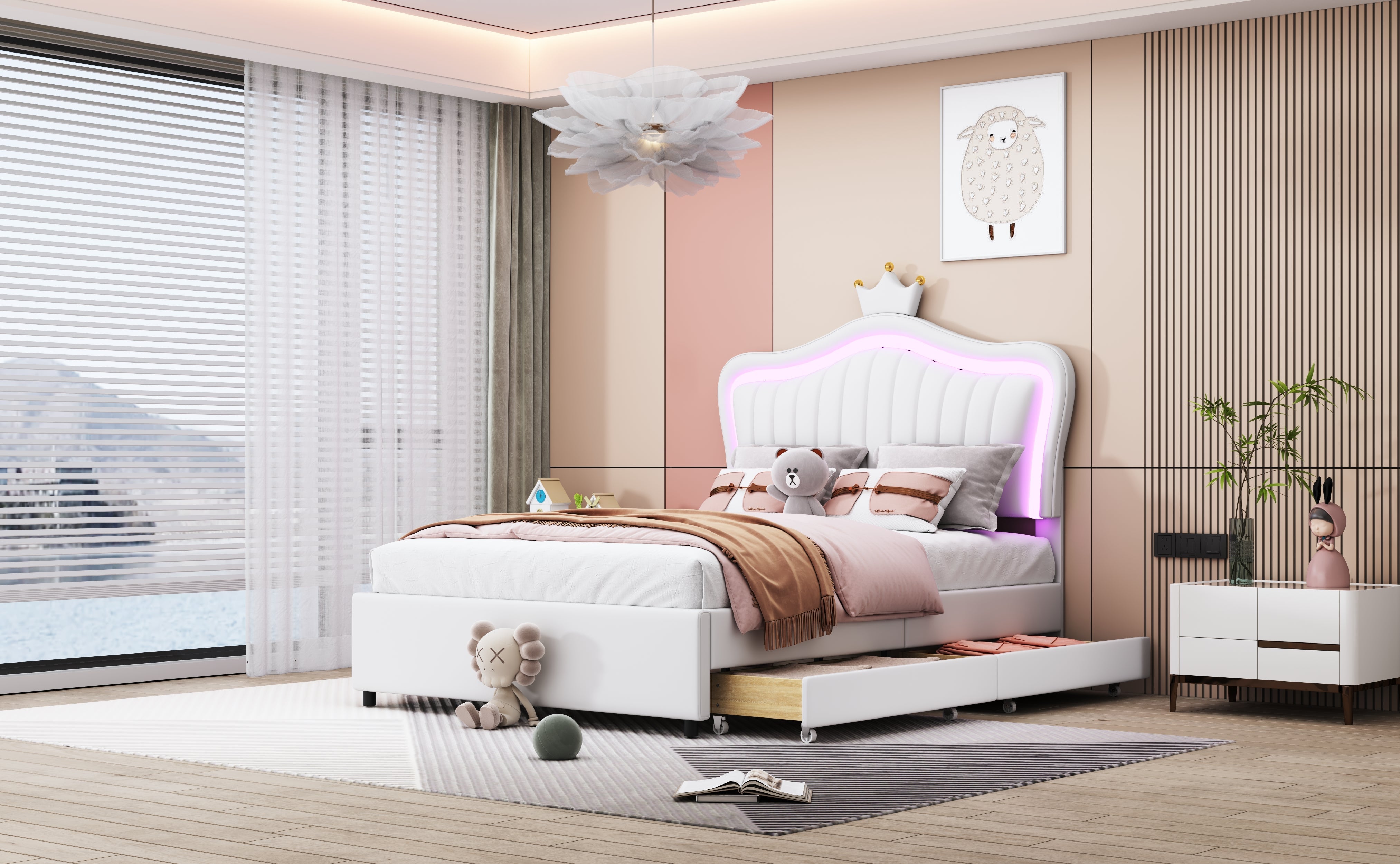 Logidon kinderbed 90x200 wit kroonbedframe LED opbergruimte