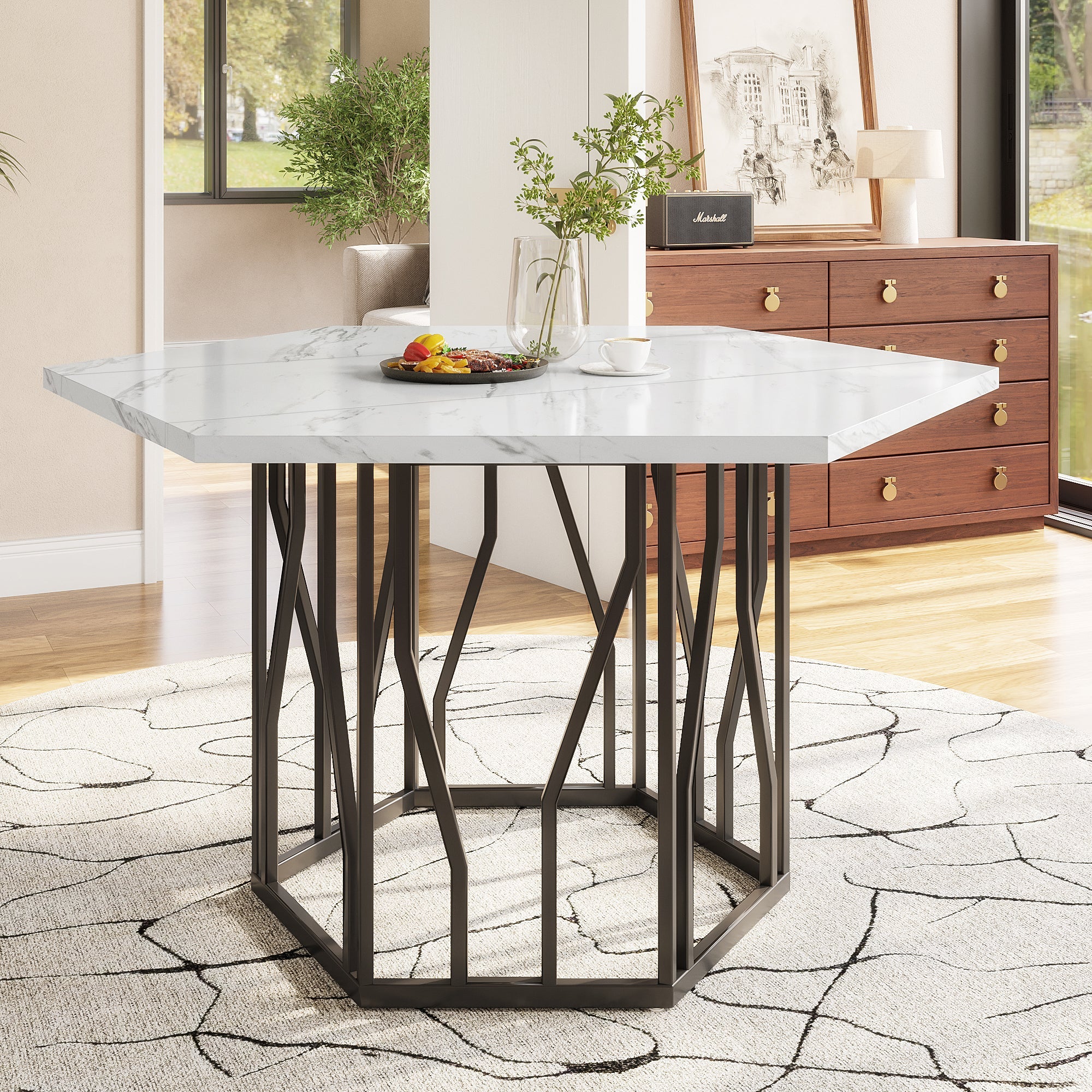 Logidon moderne zeshoekige marmeren tafel, 115,5 x 100 cm, zwart frame