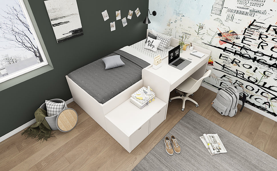 Logidon kinderbed 90x200 massief hout wit met bureau en opbergruimte