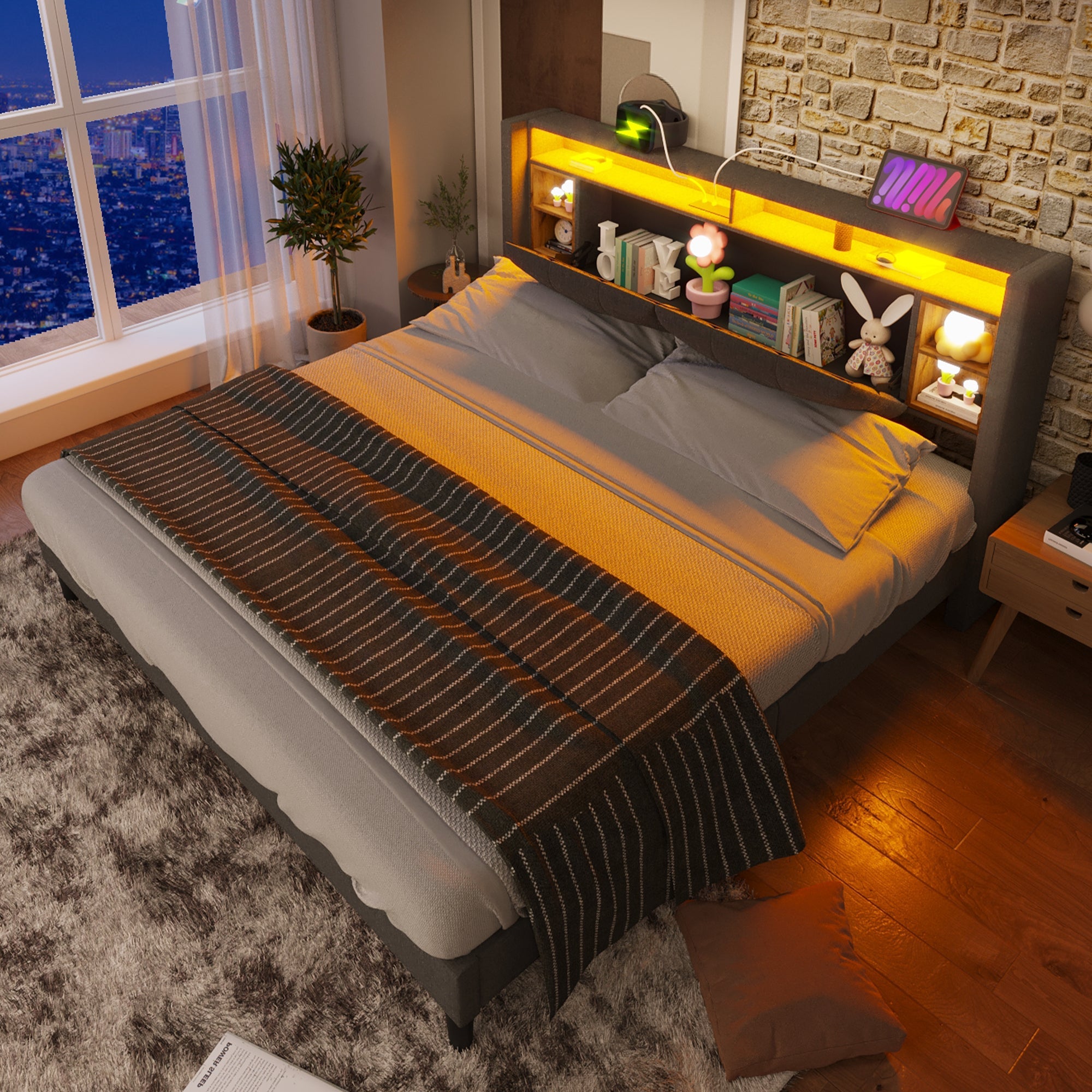 Logidon gestoffeerd bed tweepersoonsbed opbergruimte hoofdbord USB LED grijs 140x200