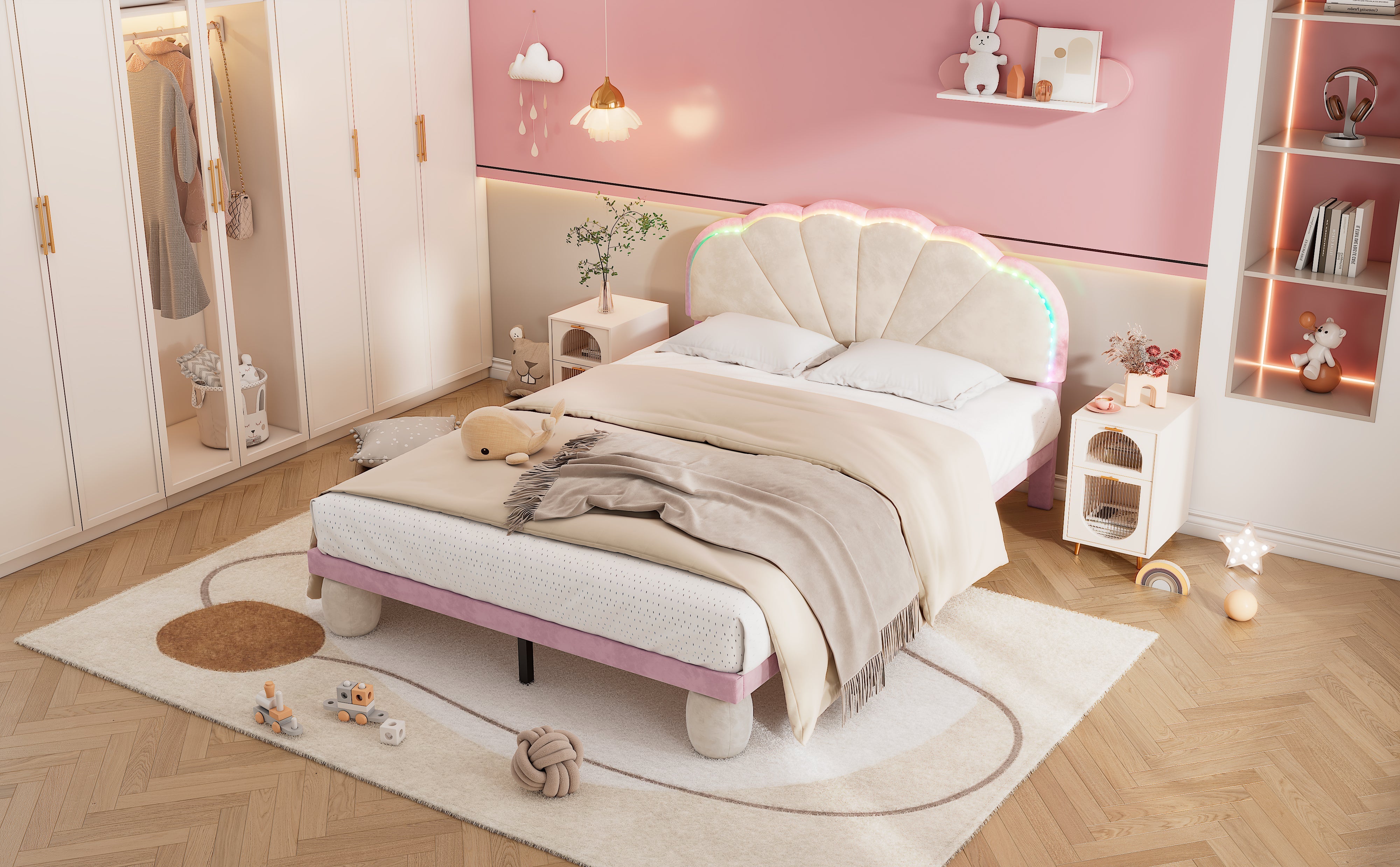 Logidon gestoffeerd bed 140x200 beige roze LED-lichtstrips