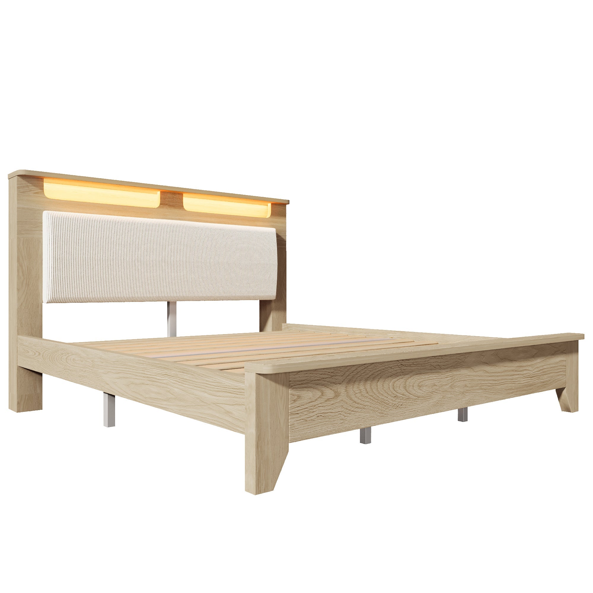 Logidon double bed 140x200 cm beige LED lighting headboard storage space