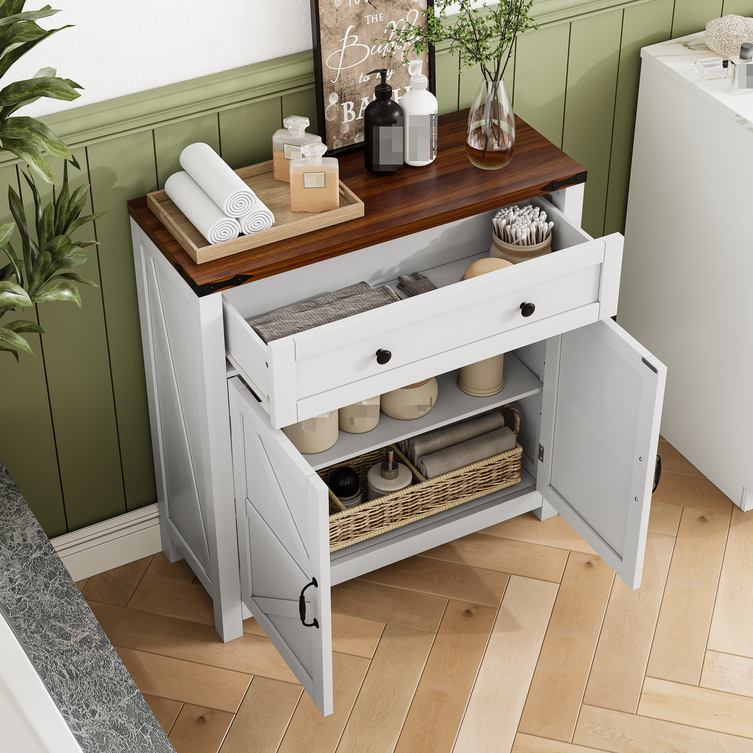 Logidon Farmhouse Buffet Box 76 cm White With Drawers Walnut Top