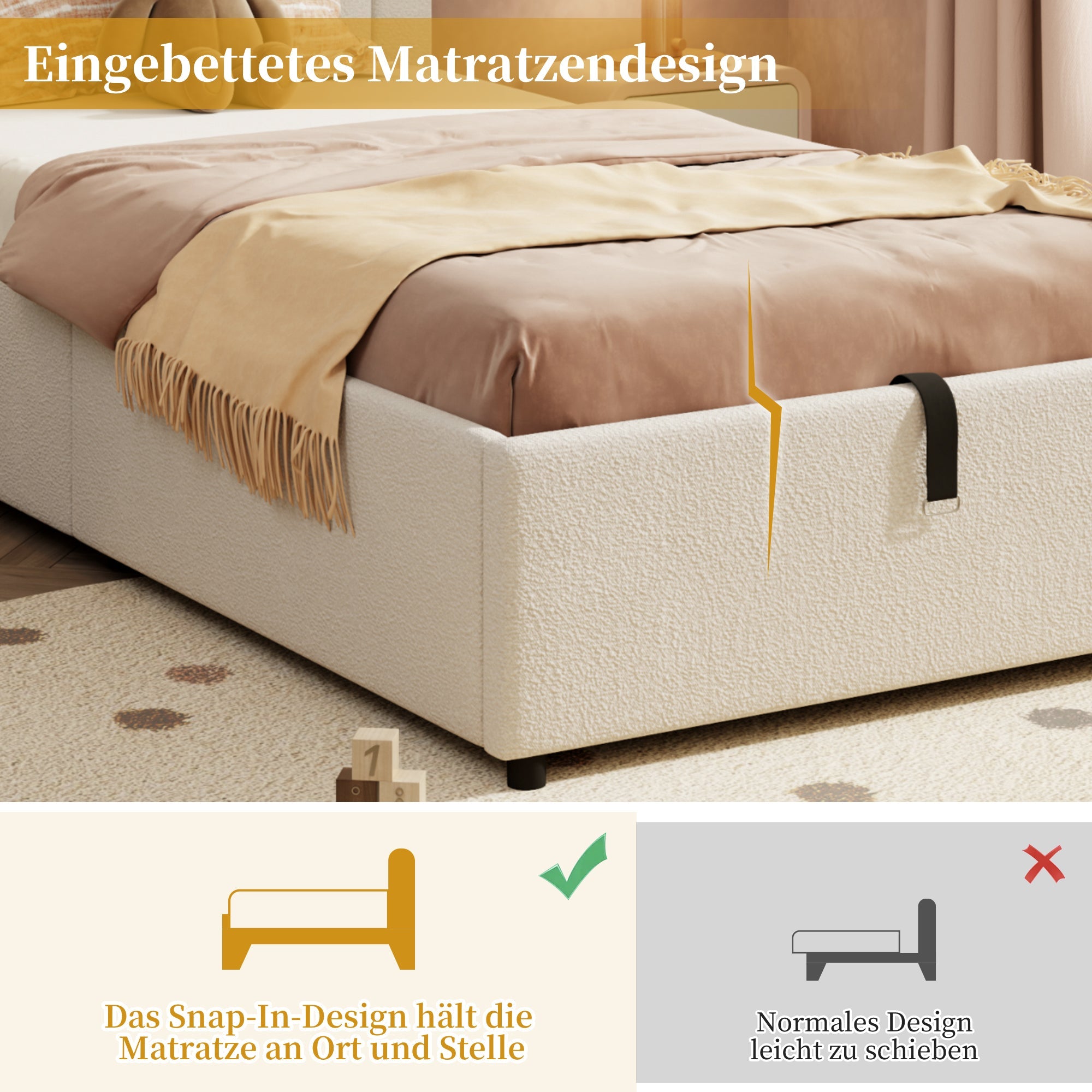 Logidon kinderbed 90x200 beige bouclé hoofdbord lattenbodem