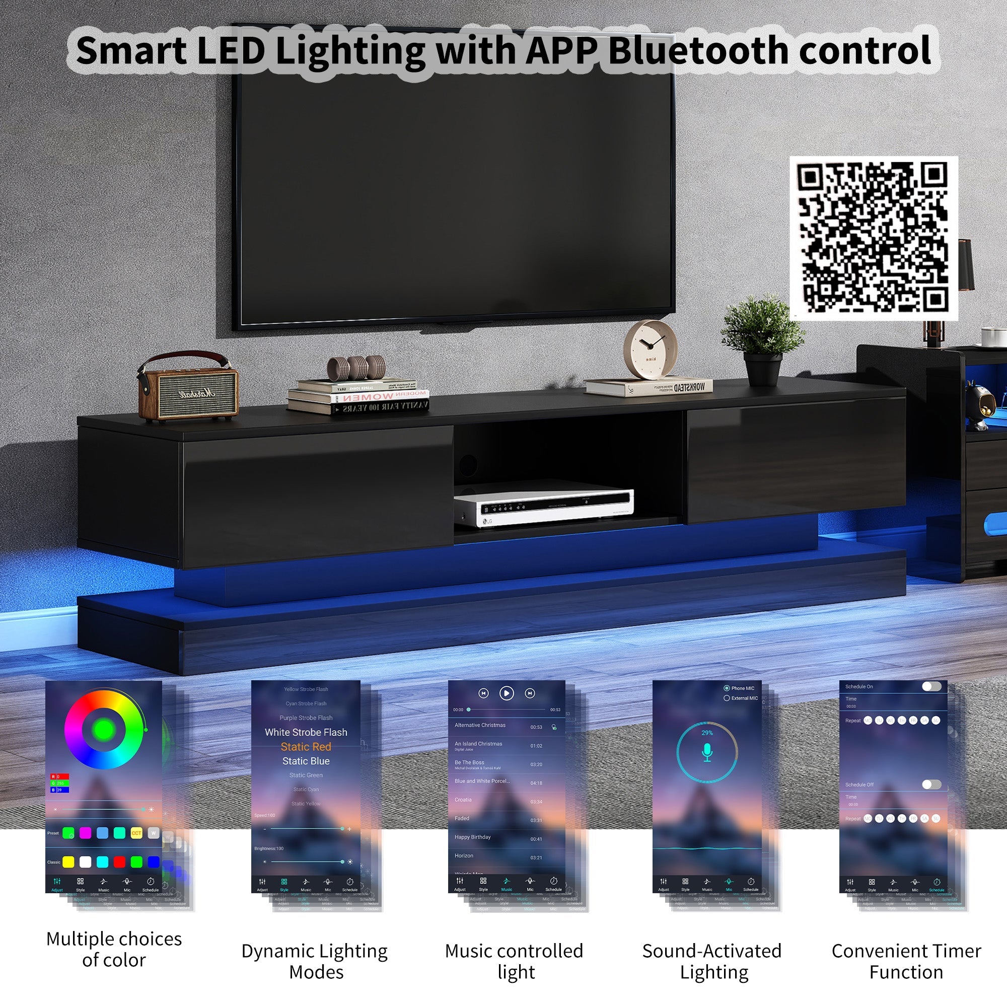 Logidon Zwart Hoogglans TV-meubel 160 CM Met LED 2 Laden