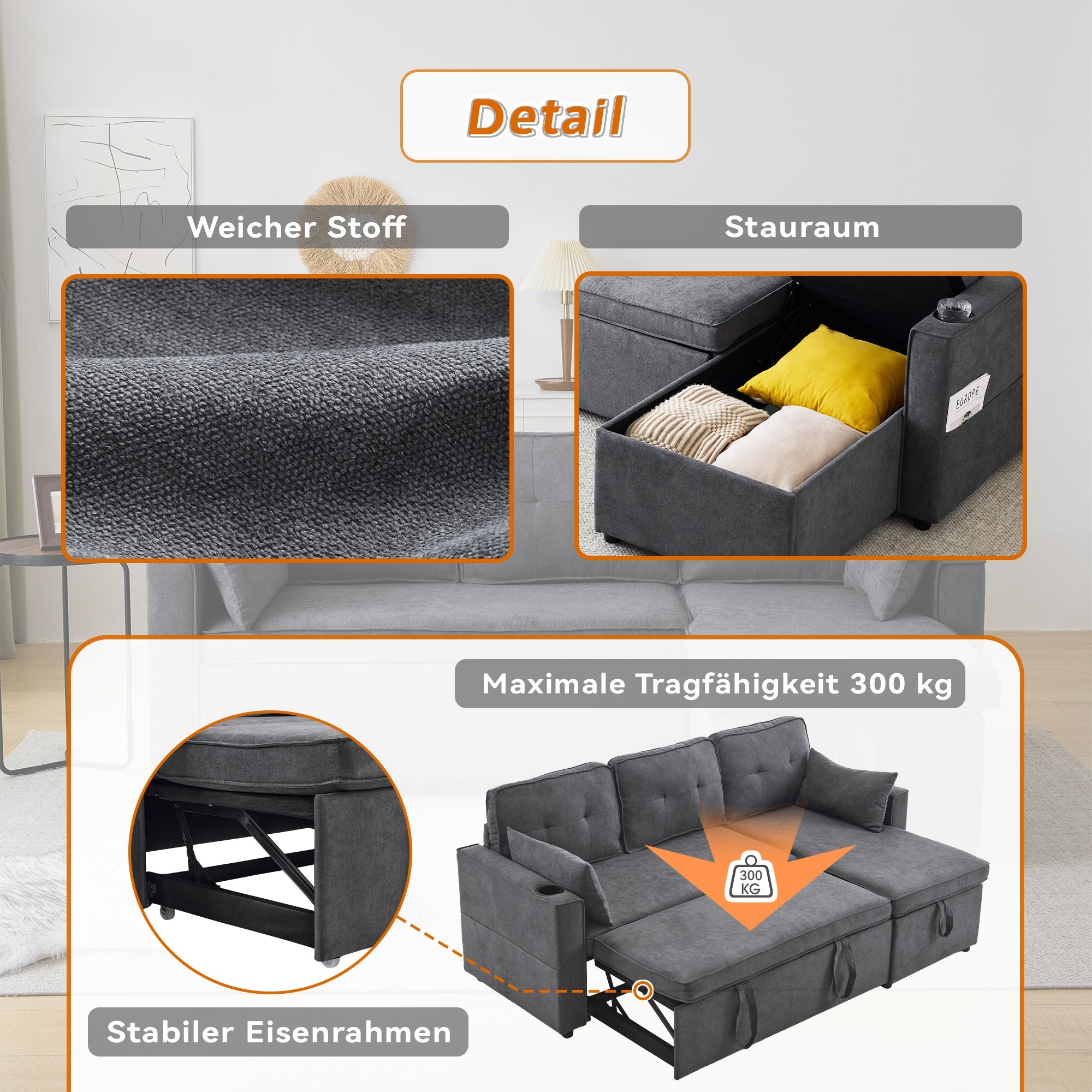 Logidon sofa bed gray L-shape with storage space and cup holder