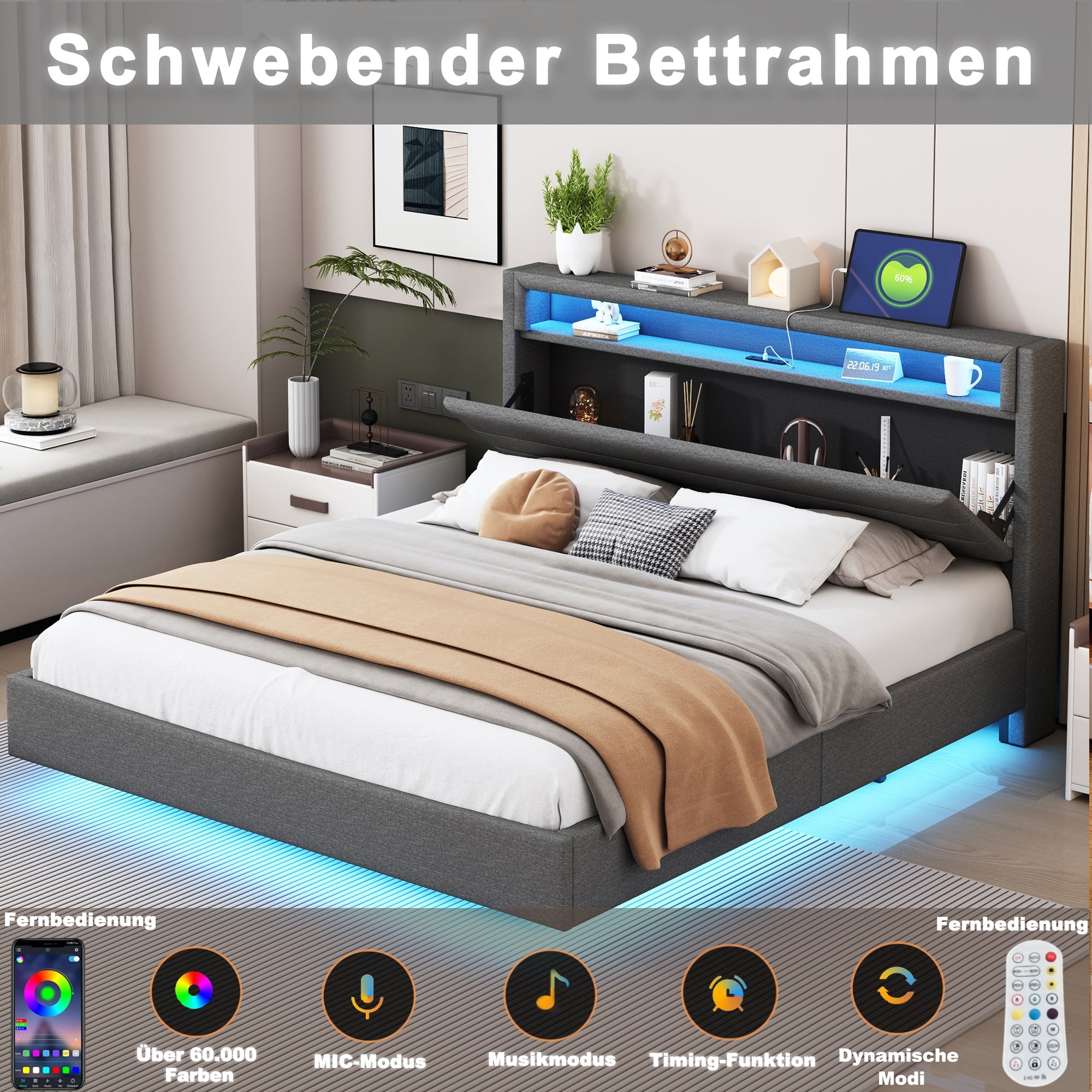 Logidon gestoffeerd bed 160x200 linnen stof USB Omkeerbaar LED-hoofdeinde