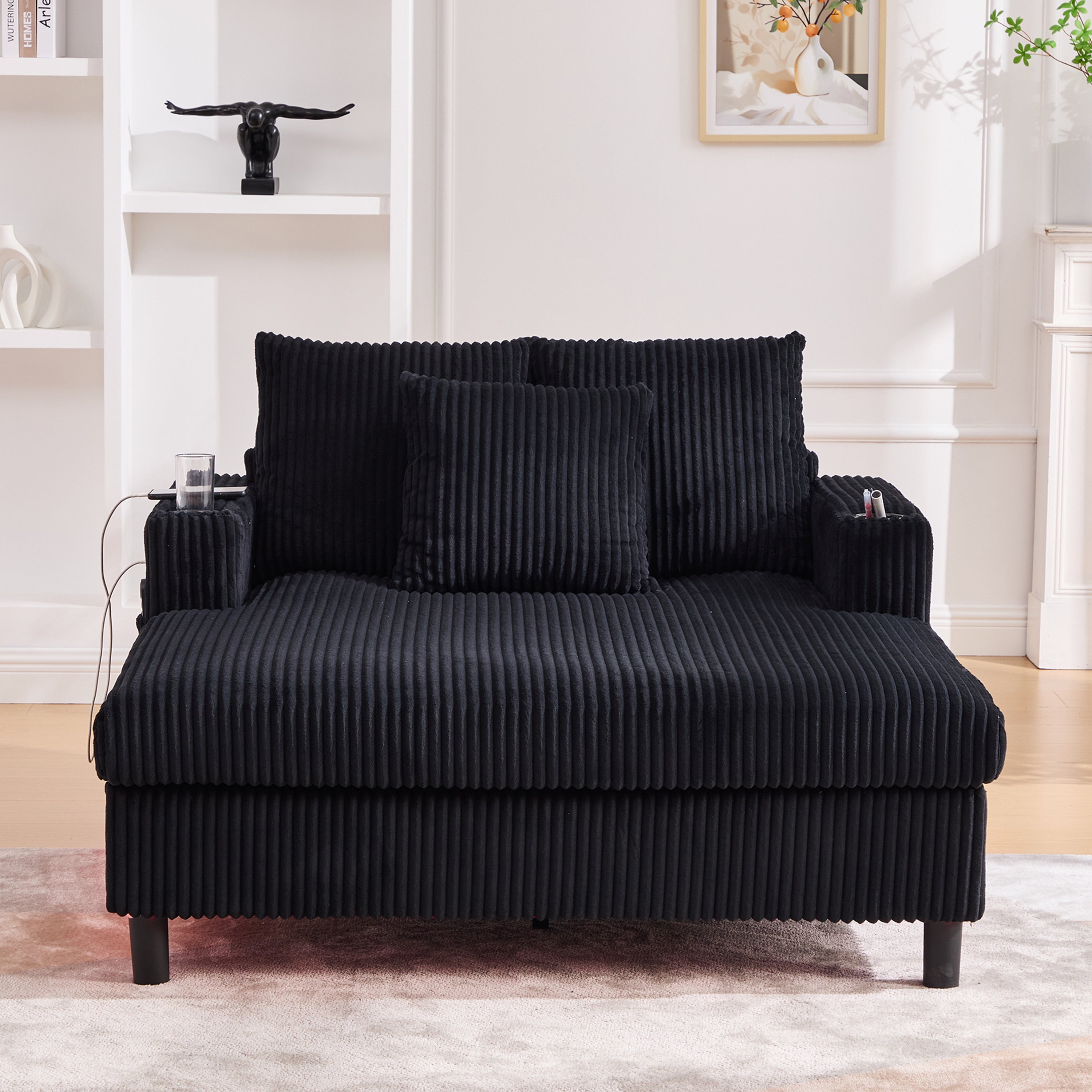 Logidon Velvet Chaise Longue Zwart met USB-oplaadpunten en LED-verlichting