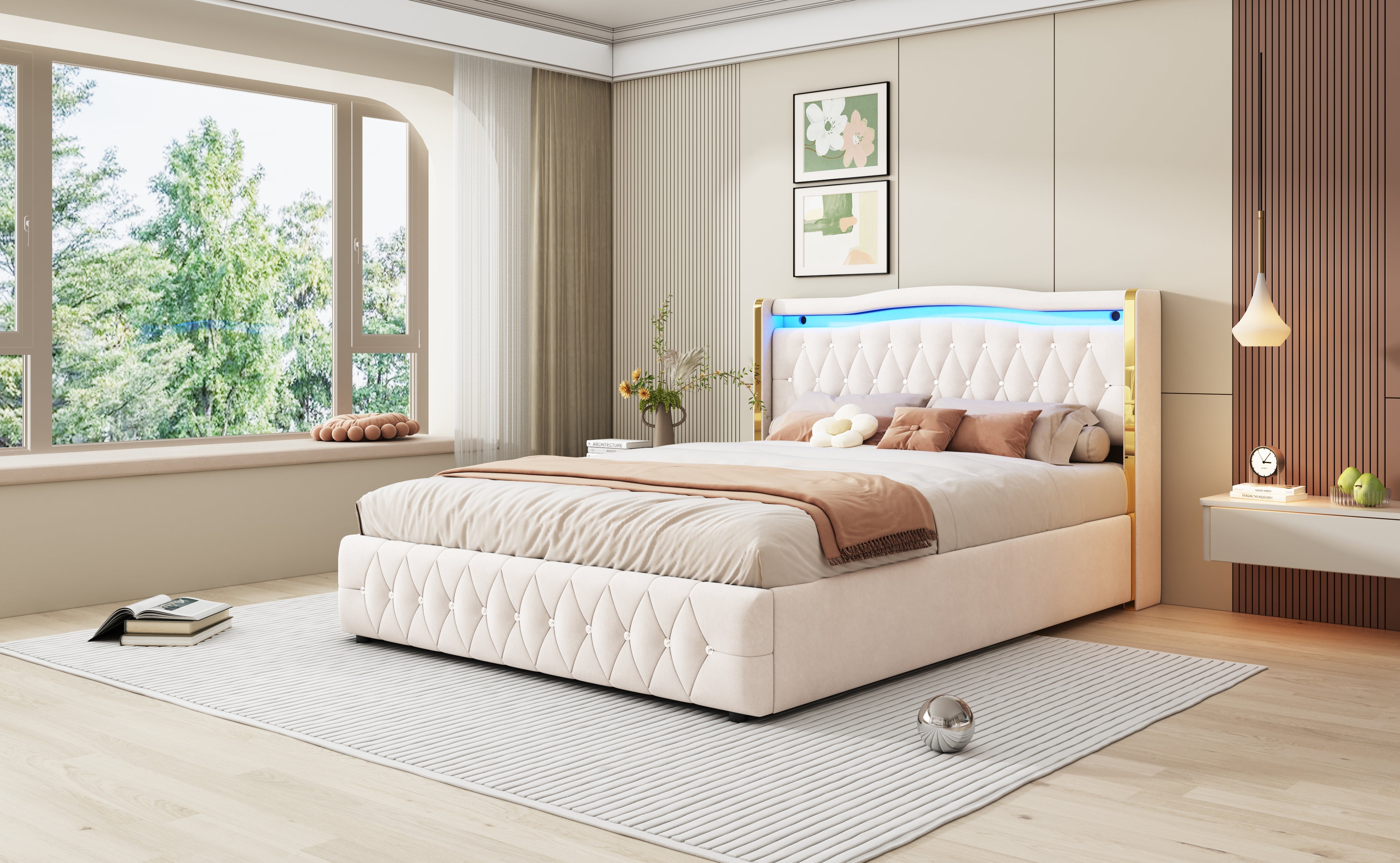 Logidon stoffen bed 160x200 beige fluweel LED-opbergruimte