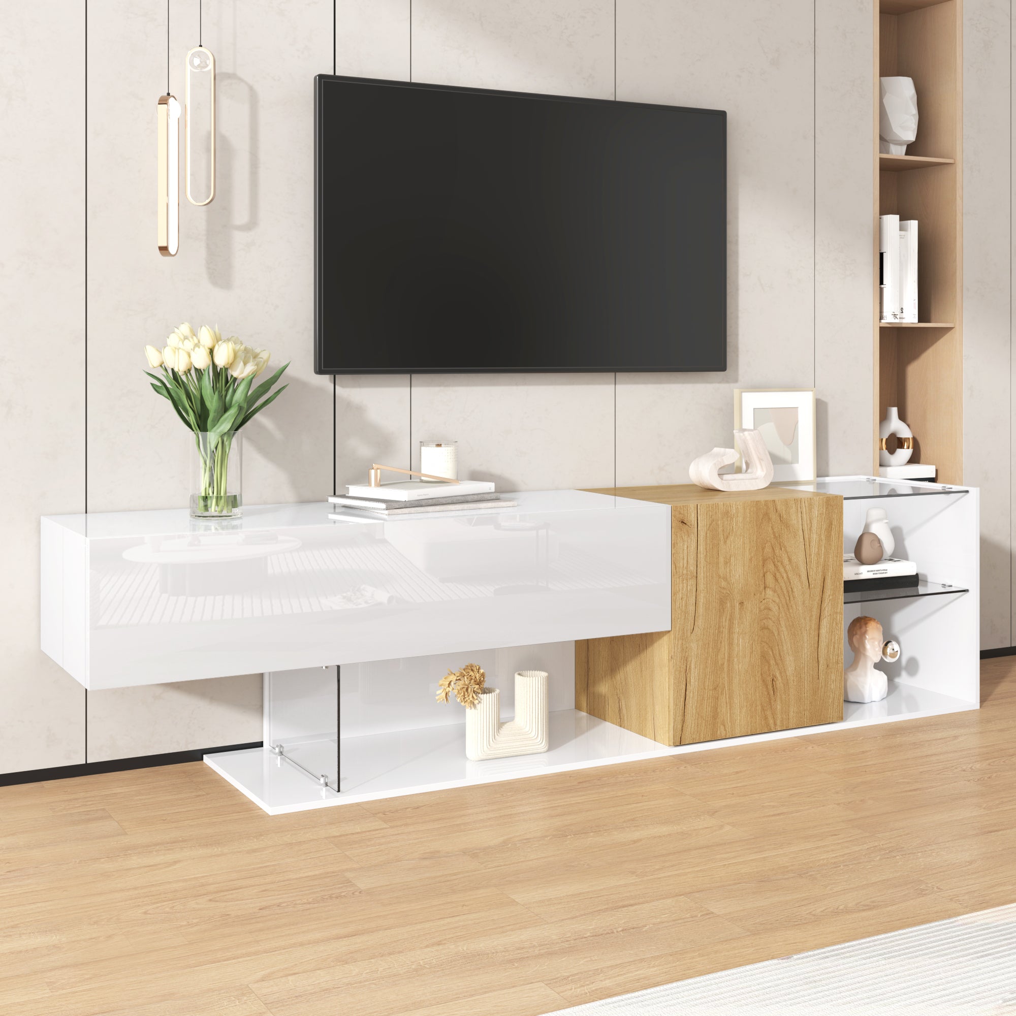 Logidon Modern TV-dressoir Wit Hoogglans Houtlook Glazen Planken 180cm