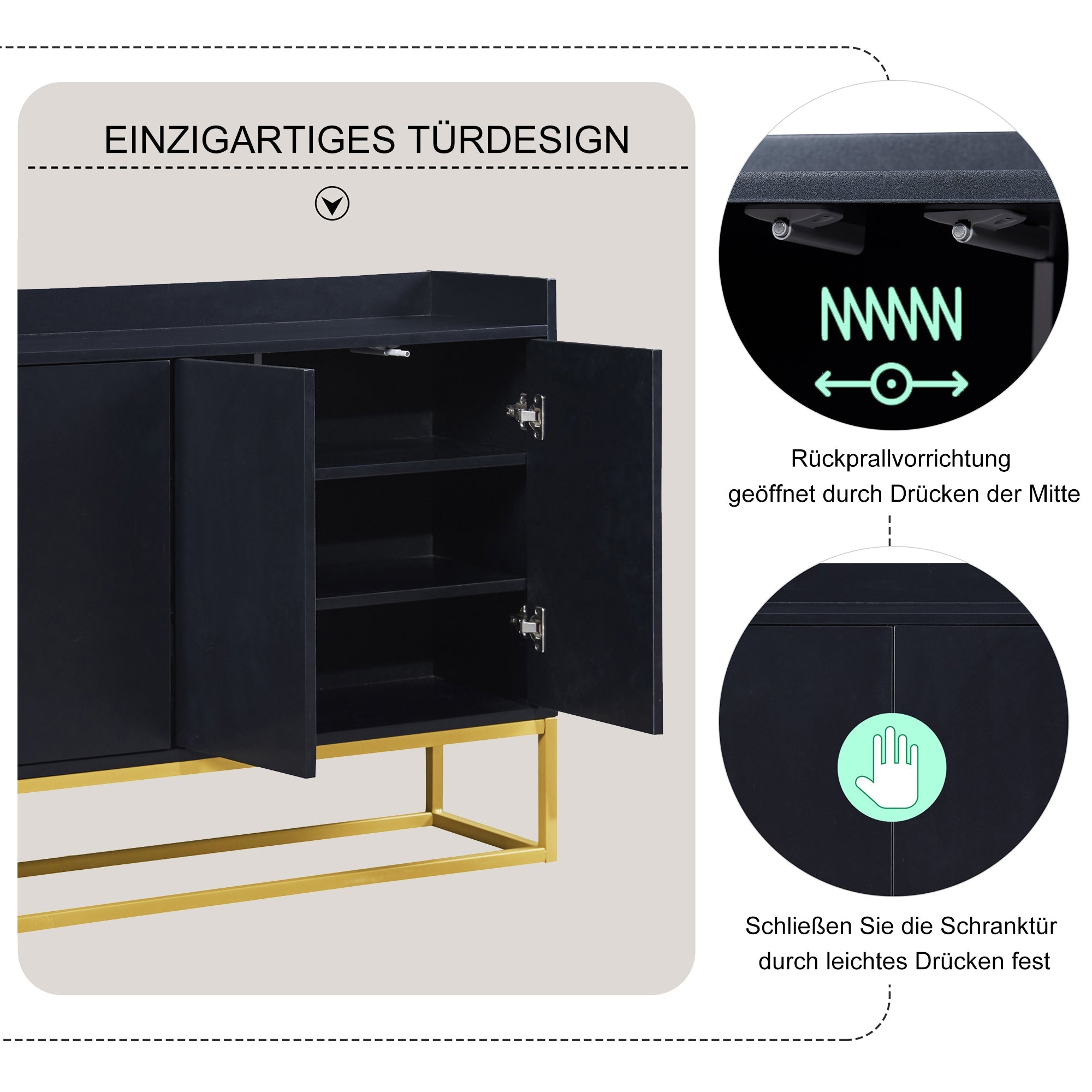 Logidon Modern Dressoir Zwart 4 Deurs Greeploos 120 x 30 x 80 cm