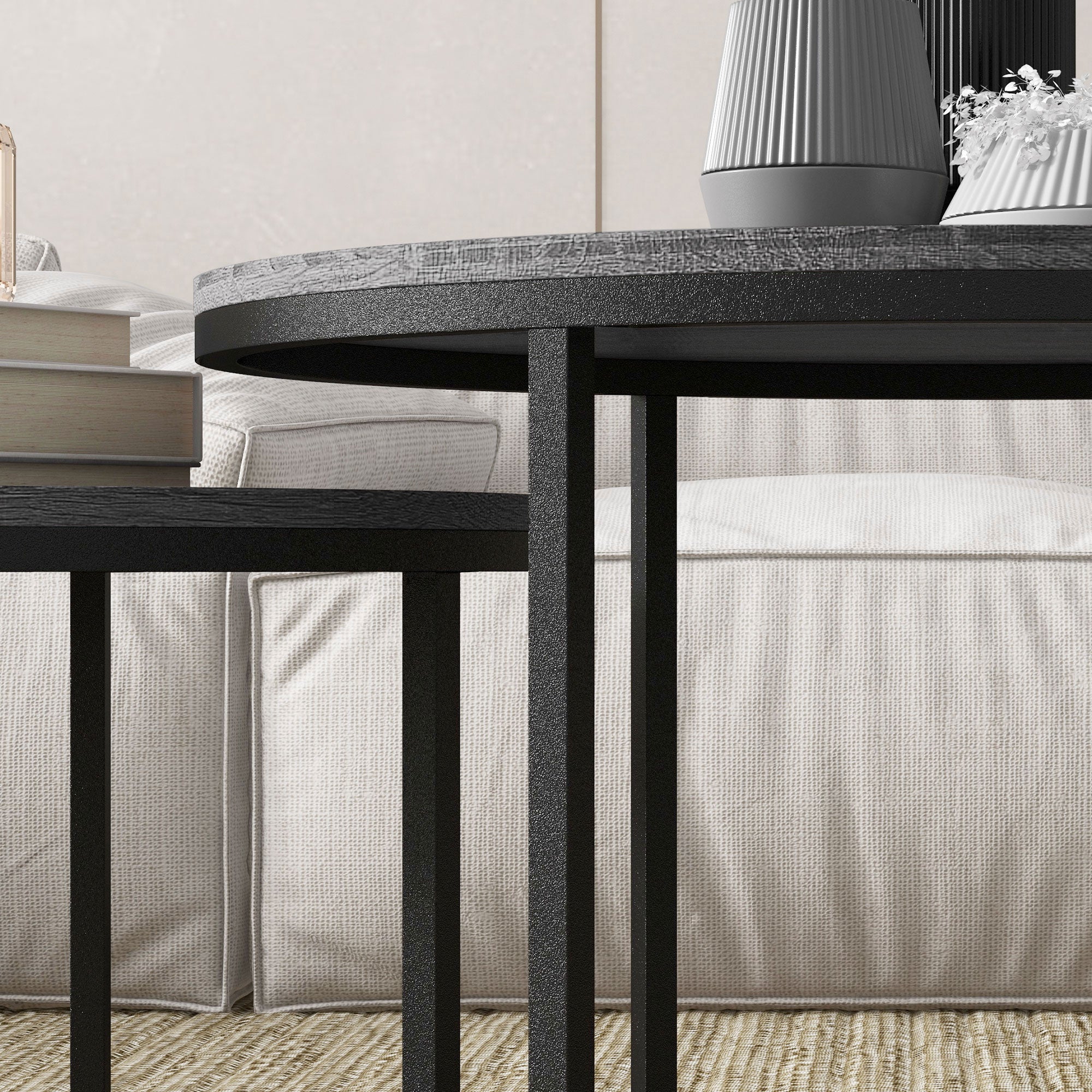 Logidon ronde salontafel set van 2 houtlook stapelbaar metalen frame