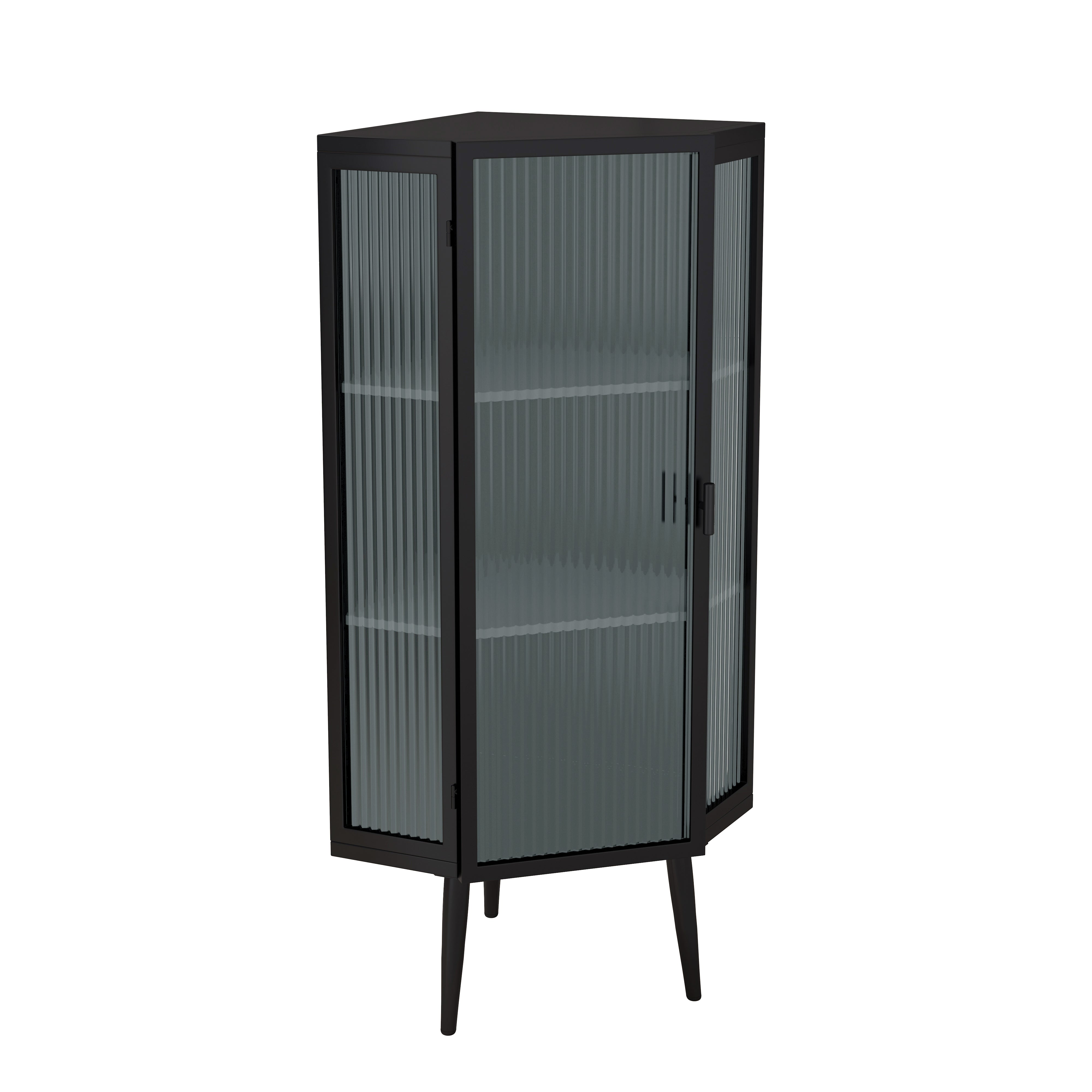 Logidon Hoekkast 56 cm Drie lagen met deuren van gehard glas Zwart